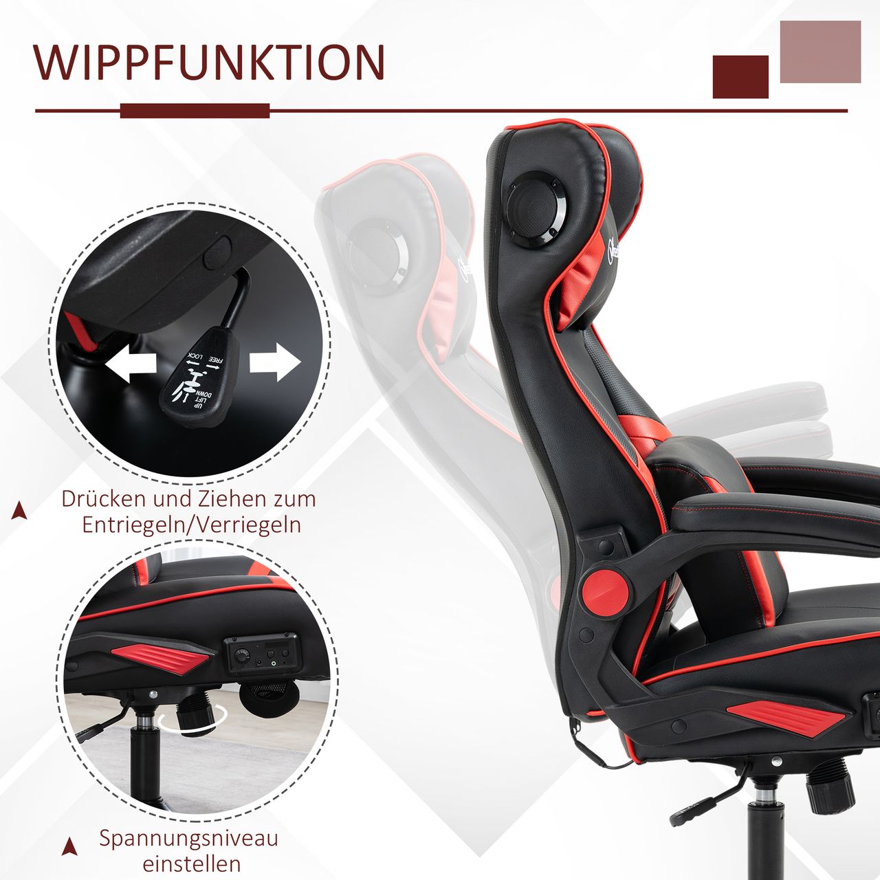HOMCOM Vinsetto Gamingsessel mit Wippfunktion Gamingstuhl mit Lautsprecher Bürostuhl PU