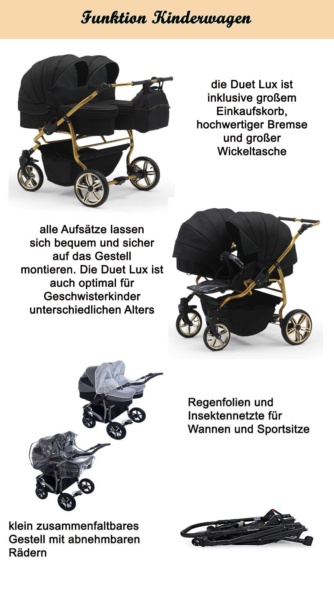 babies-on-wheels Zwillingswagen Duet Lux Gold 3 in 1 inkl. Autositze - 13 Teile - in 33 Farben