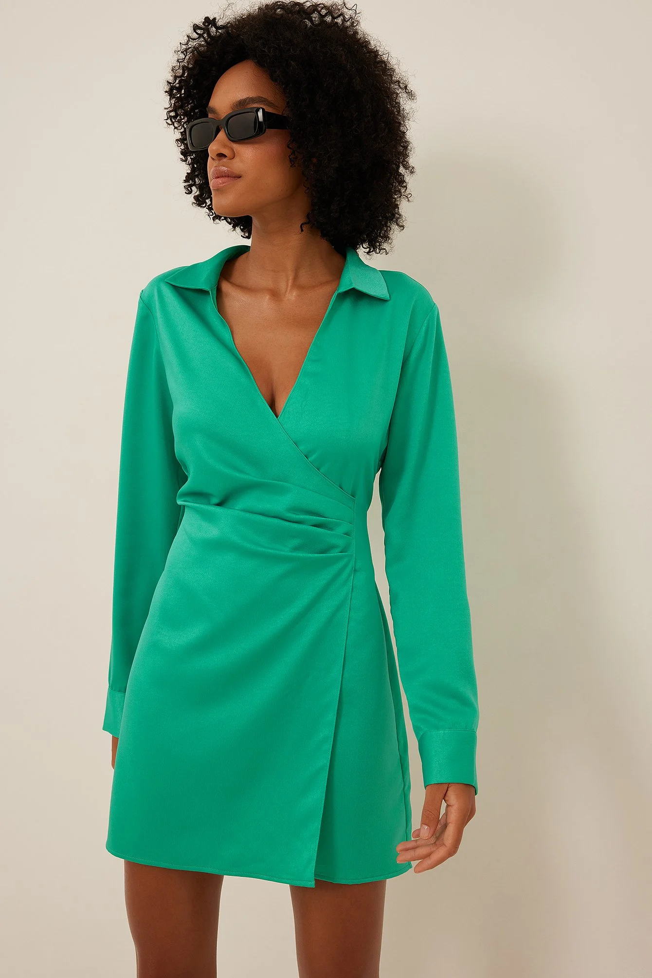 Satin Overlap Pleated Detail Mini Dress