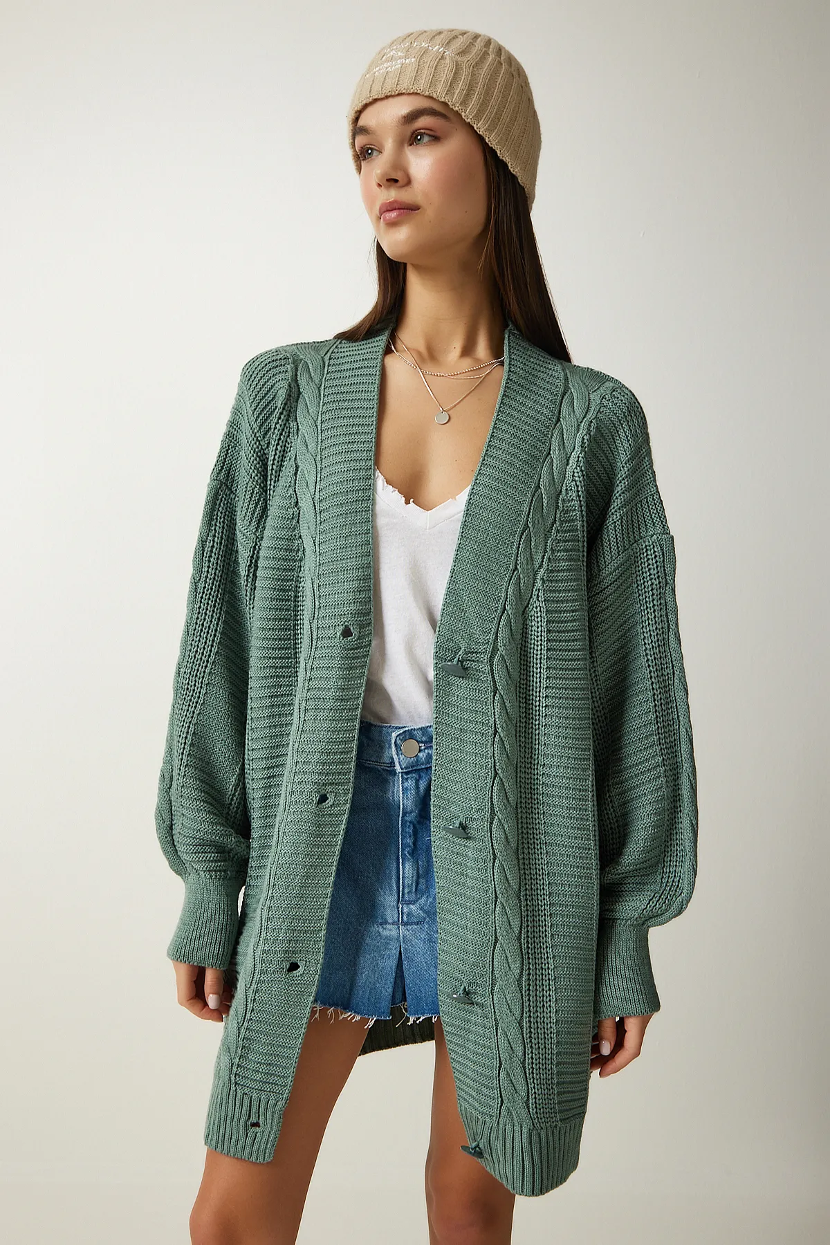 Happiness İstanbul  Grüner Oversize-Strick-Cardigan mit Ballonärmeln für Damen DD01033