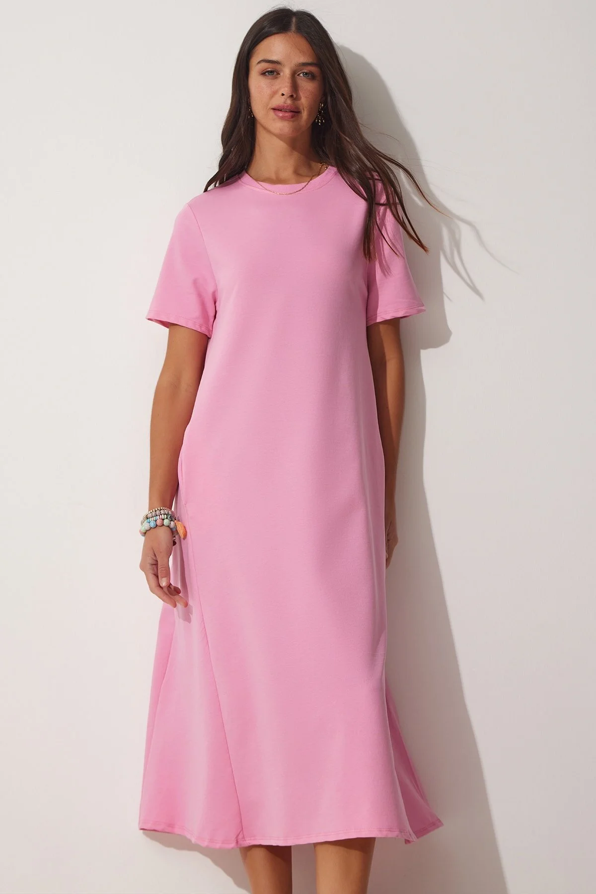 Happiness İstanbul  Rosafarbenes A-Linien-Sommerkleid aus gekämmter Baumwolle für Damen UB00060