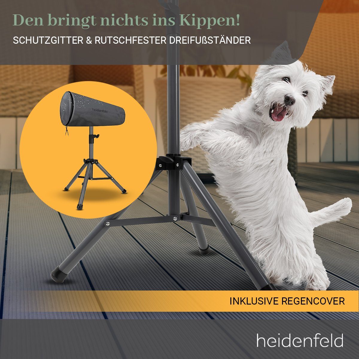 Heidenfeld Heizstrahler Elektro Infrarot Heizstrahler IH100 inkl. Stativ und Fernbedienung, 2500 W, Heizgerät Heizung Terrassenstrahler - 3 Heizstufen - 3 J. Garantie