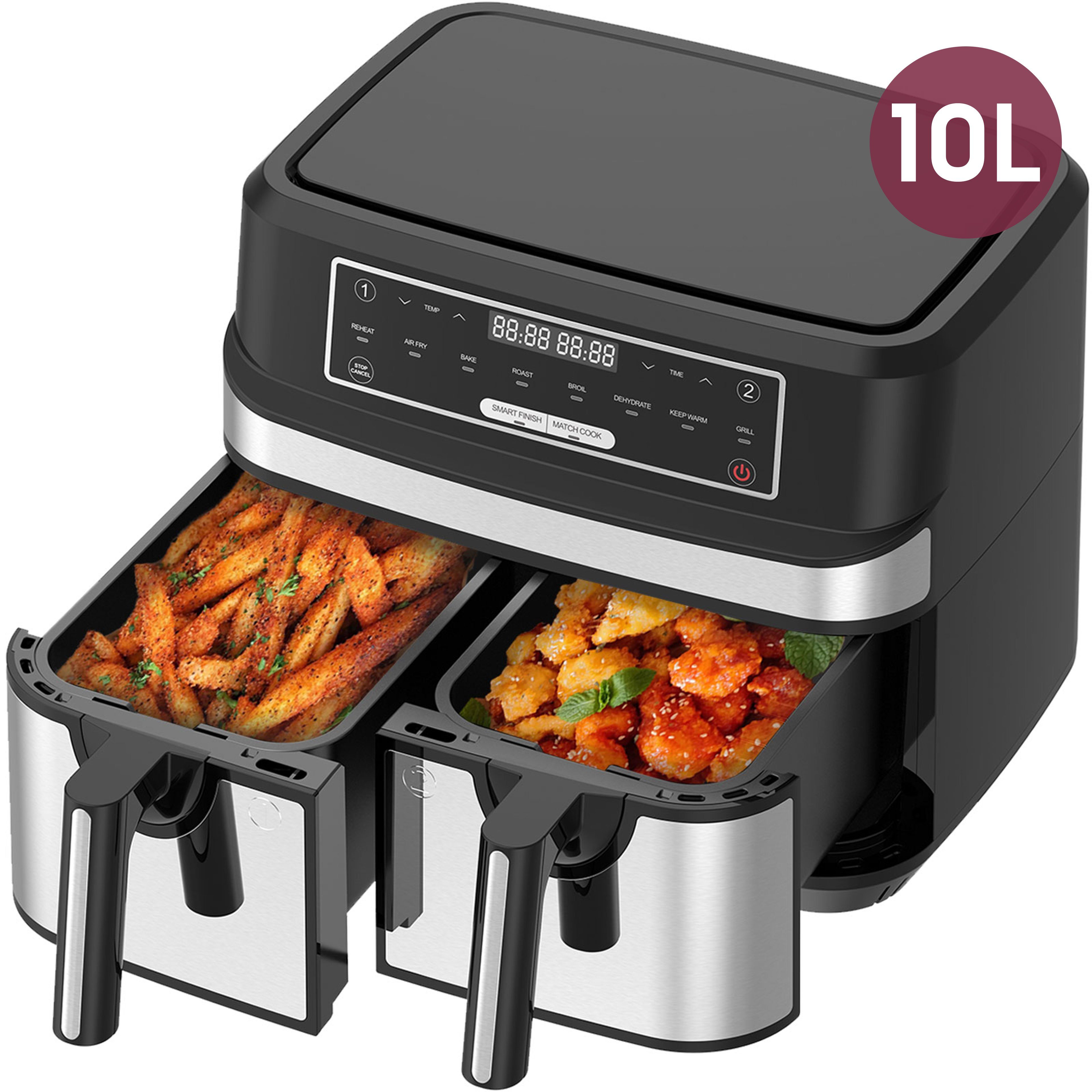 Senmudi Heißluftfritteuse Airfryer mit 2 Körben, Heißluftfritteuse ohne Öl 10 L, 8 Programmen, 2600,00 W, ohne Öl, XXL Friteuse Heissluft Fritteusen Air Fryer, 5L+5L