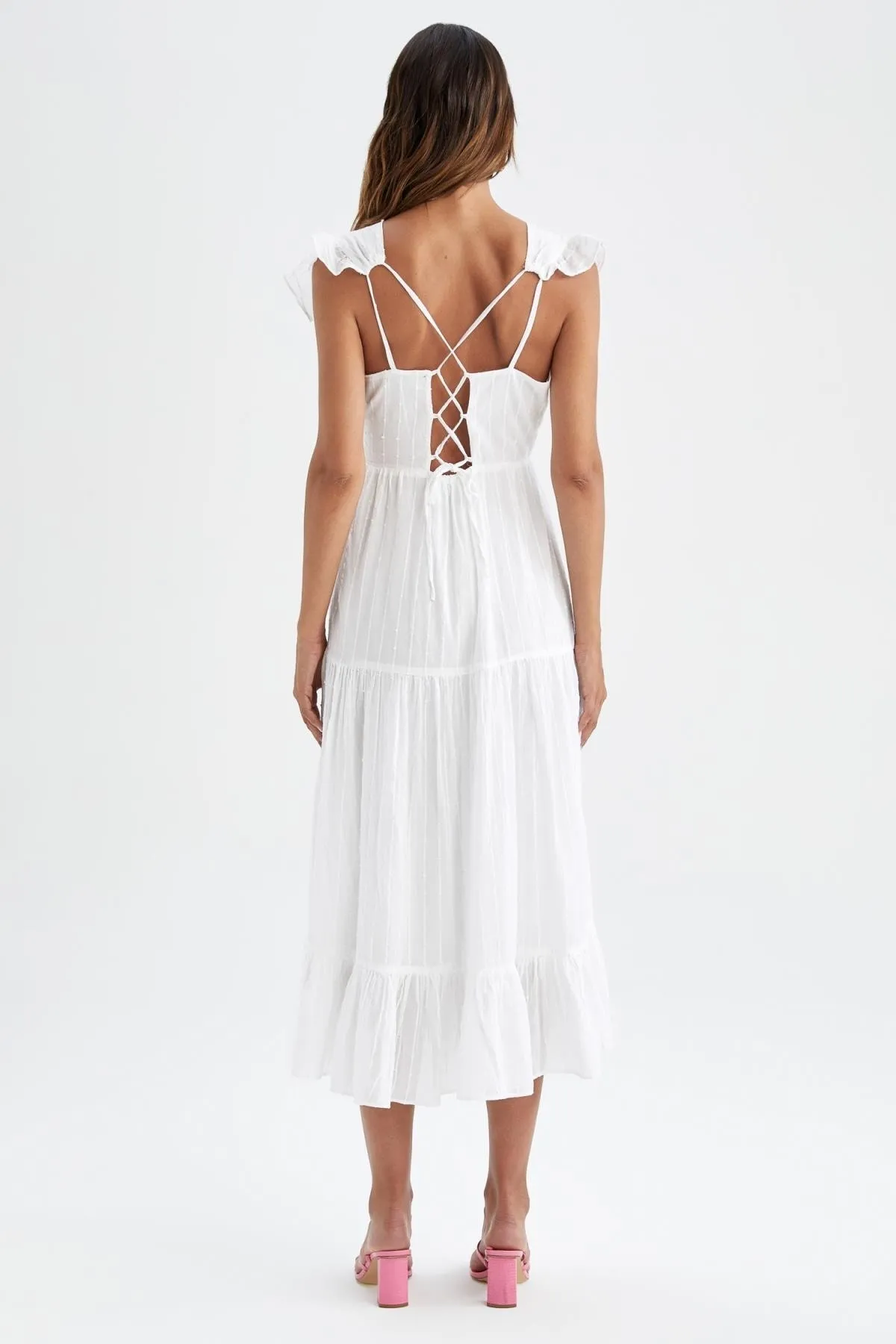 DeFacto  Voile-Maxi-Trägerkleid mit V-Ausschnitt und kurzen Ärmeln