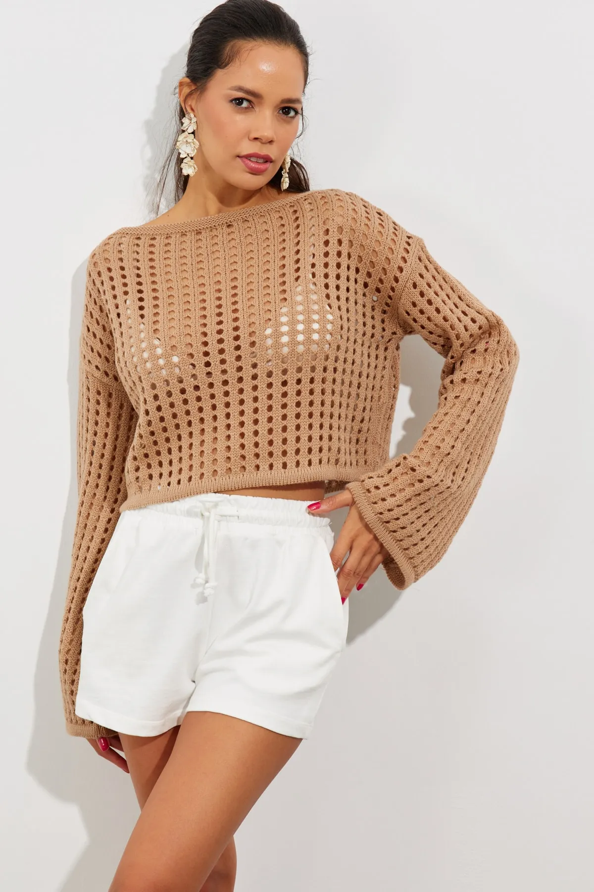 Cool & Sexy  Damen-Kurzbluse aus durchbrochenem Strick mit spanischen Ärmeln in Kamelblau, SMT181