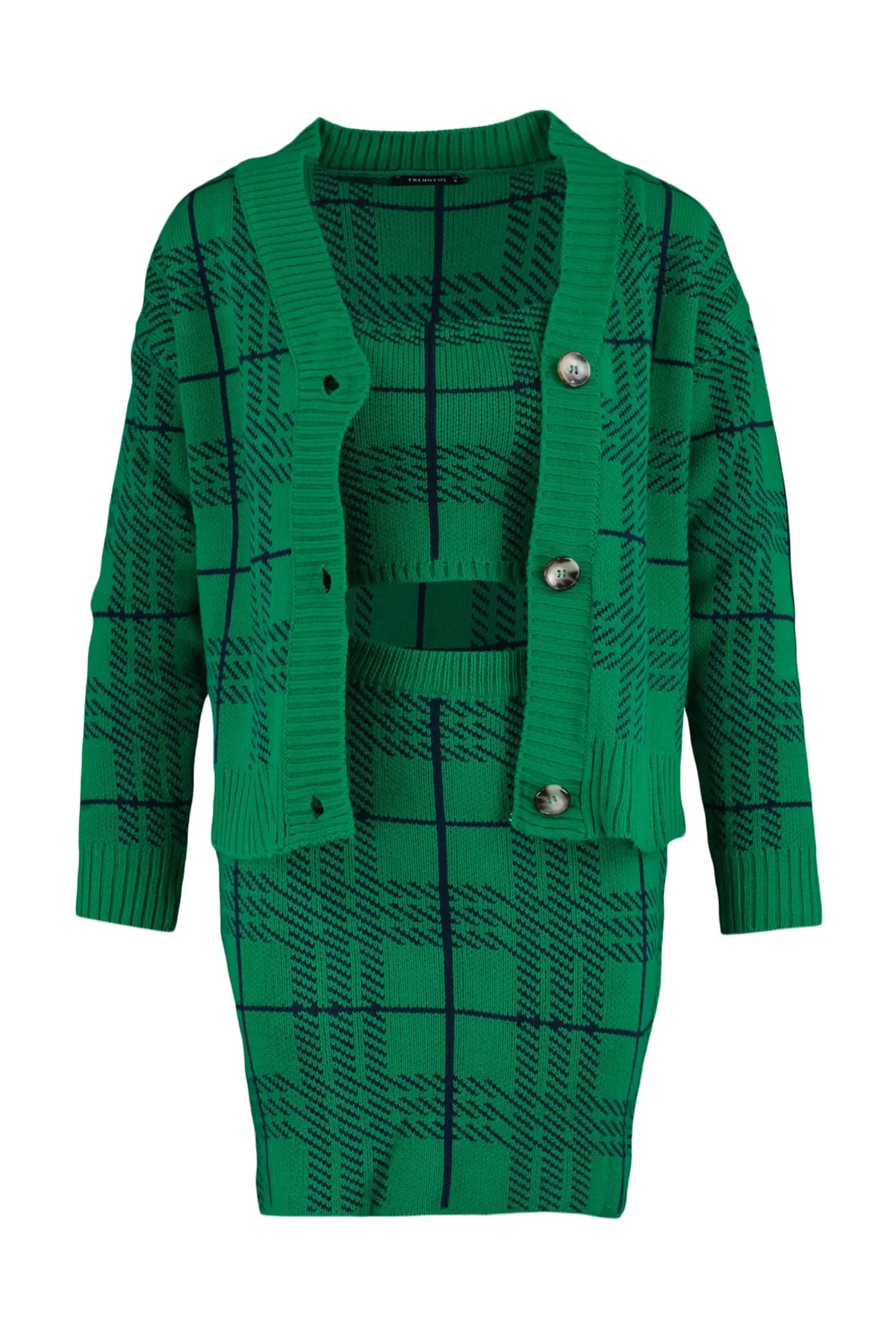 Trendyol Collection  Grünes Jacquard-Strickoberteil- und -unterteil-Set TWOAW23AU00047