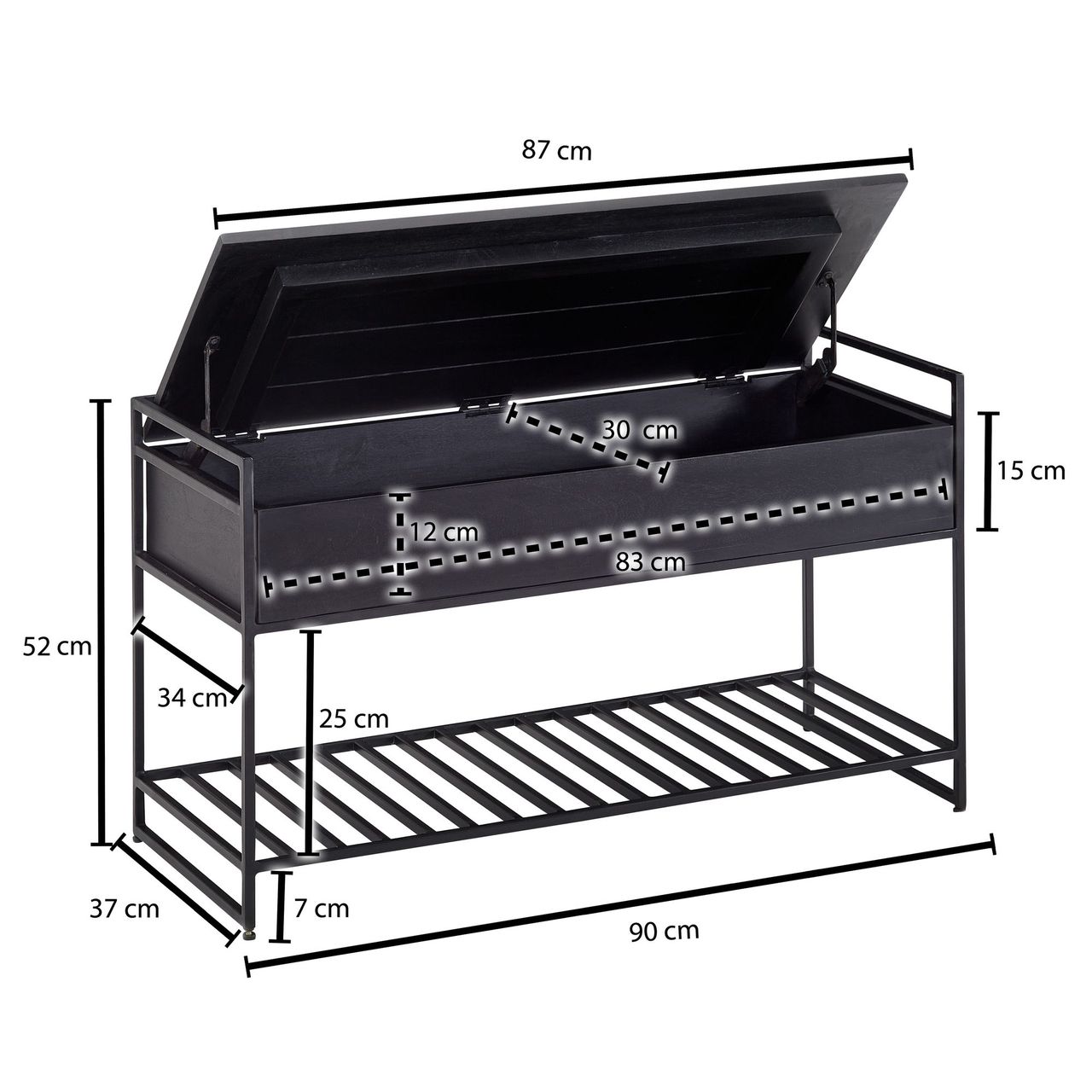 Skyport WOHNLING Sitzbank mit Stauraum Flur 90x52x38 cm Massivholz Flurbank Bank Schwarz