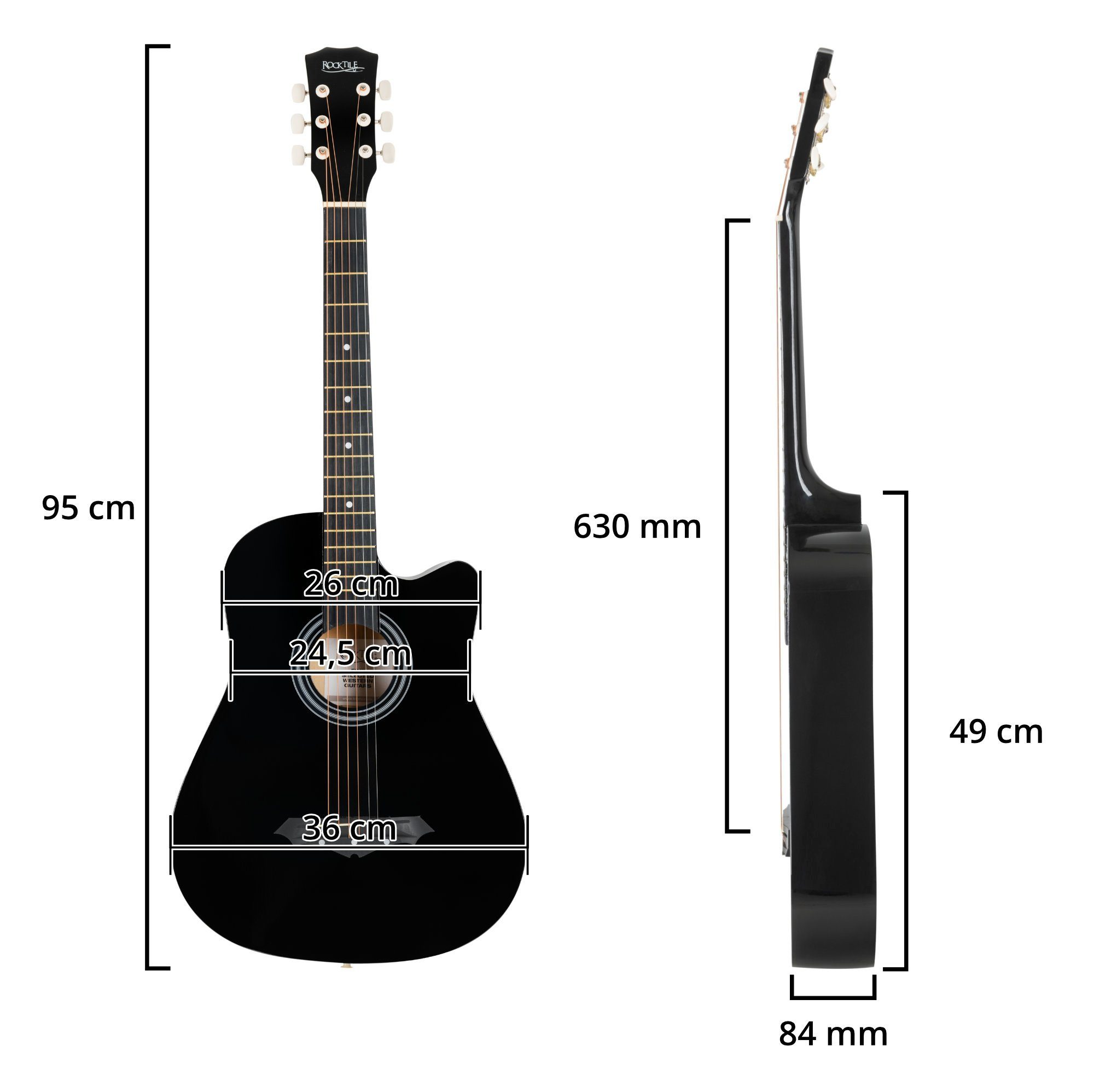 Rocktile Westerngitarre WSD-5C Slim Line Westerngitarren Set - Dreadnought Akustik Gitarre, Set inkl. Tasche, Ersatzsaiten, Gurt und Plektren