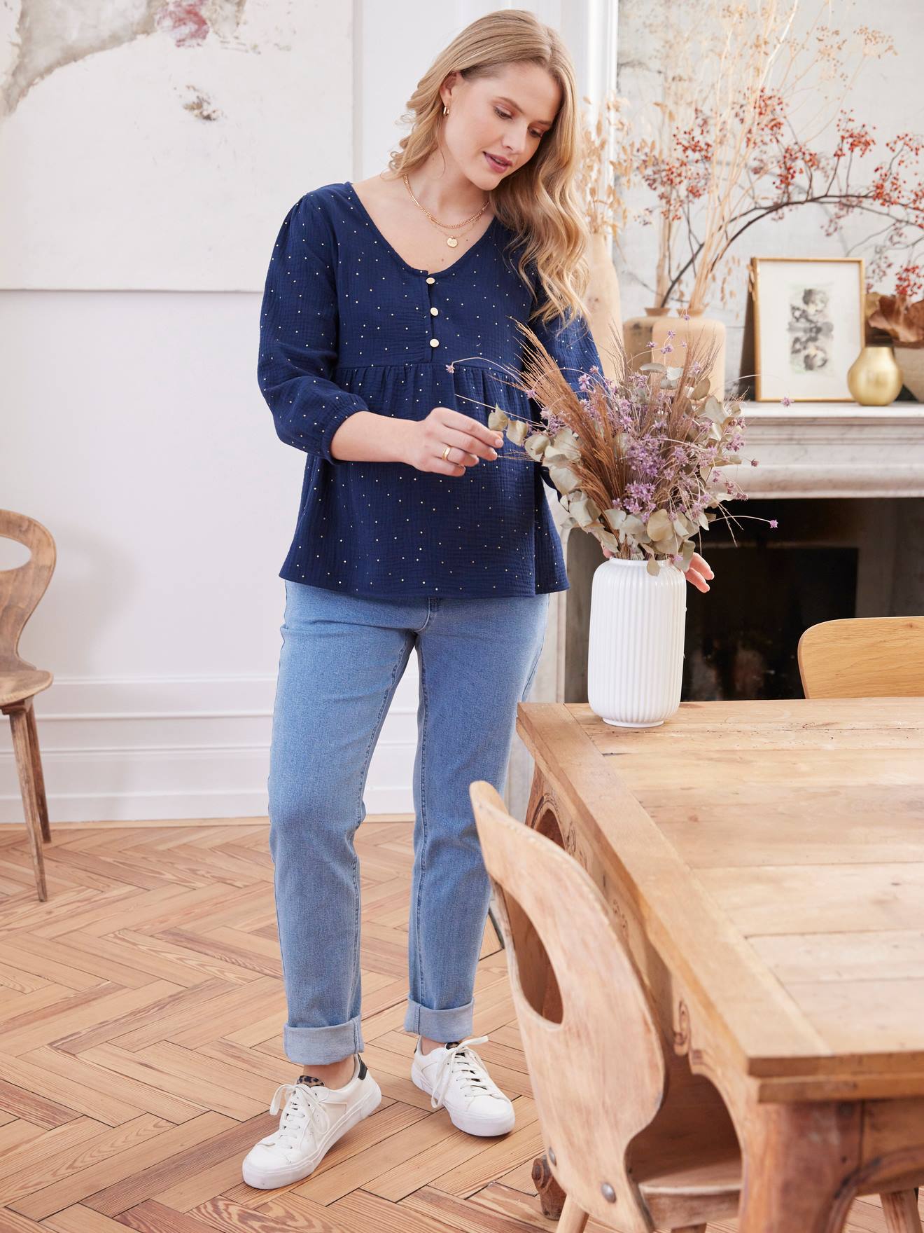 Blouse de grossesse et d'allaitement gaze de coton bleu