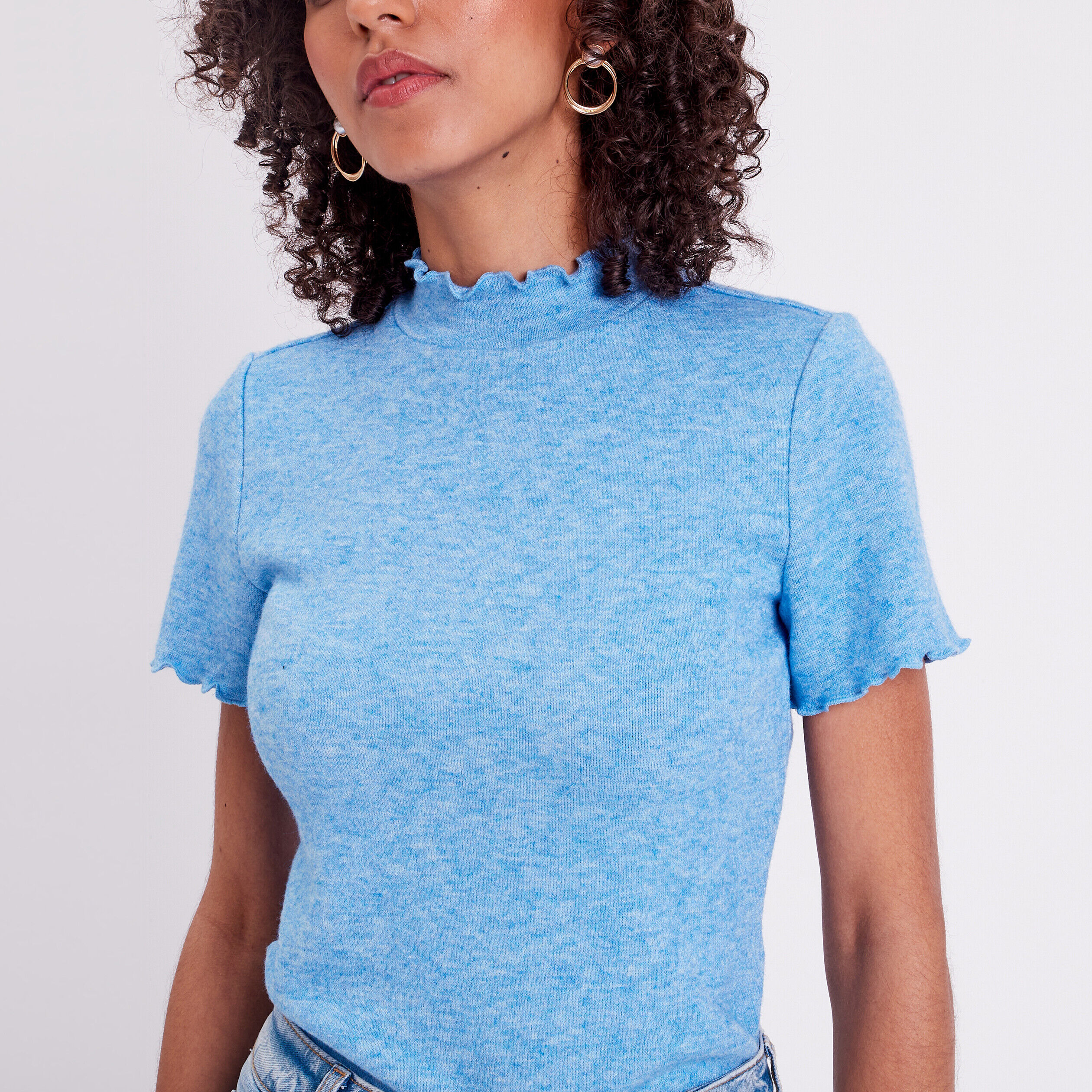 T-shirt col montant bord vague bleu roi femme | Cache Cache