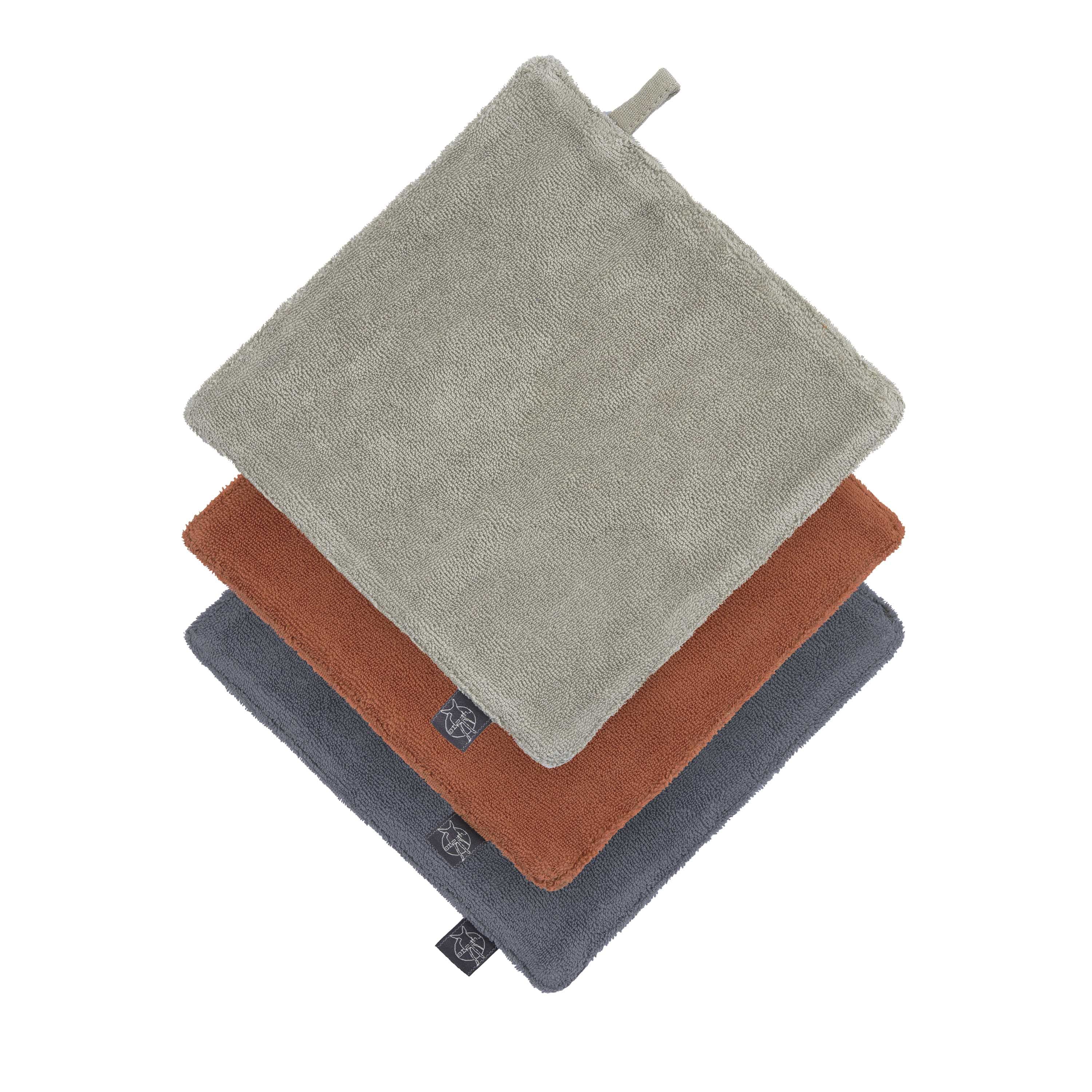 Mull Waschlappen Baby 3er Set, Oliv Rostrot Anthrazit