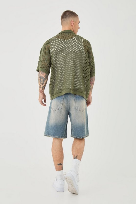 Kastiges gehäkeltes Oversize Hemd in Khaki