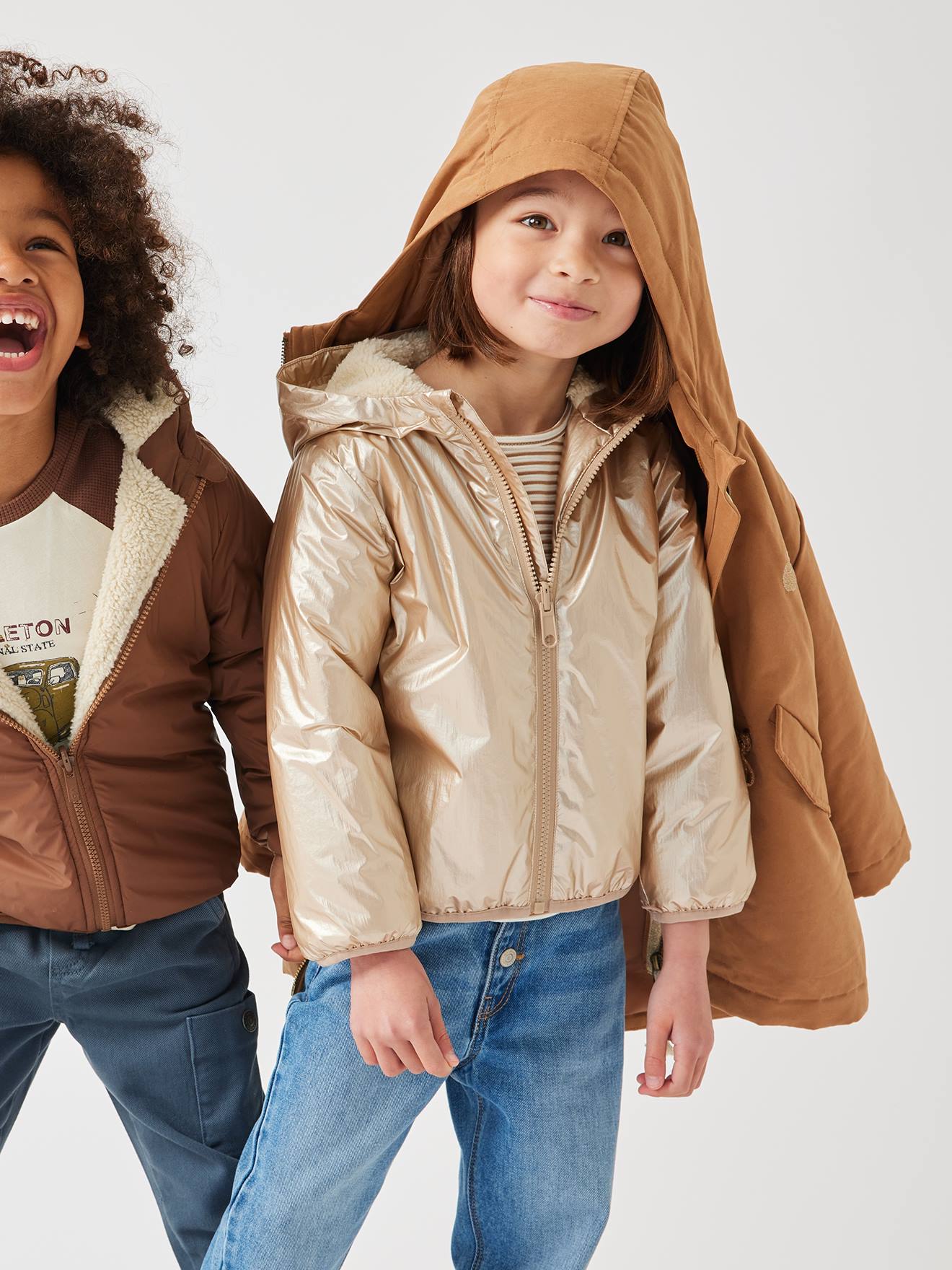 Parka à capuche 3 en 1 fille avec doudoune brillante doublée sherpa camel