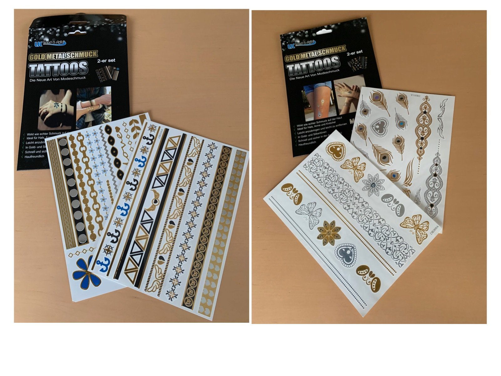 LK Trend & Style Schmuck-Tattoo Gold-Metall die andere Art von Modeschmuck., 6-tlg., Im Sommer Festival Geburtstagsparty Mädelstag
