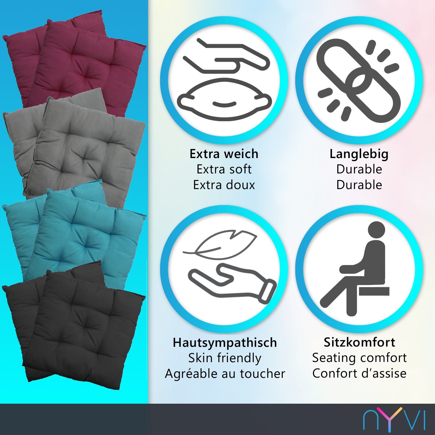 NYVI Stuhlkissen Sitzkissen Genua 4er Set - Dekokissen Sitzauflage für Indoor & Outdoor, Komfortabel & Robust, Gartenstuhlauflagen für 40x40 cm große Stühle