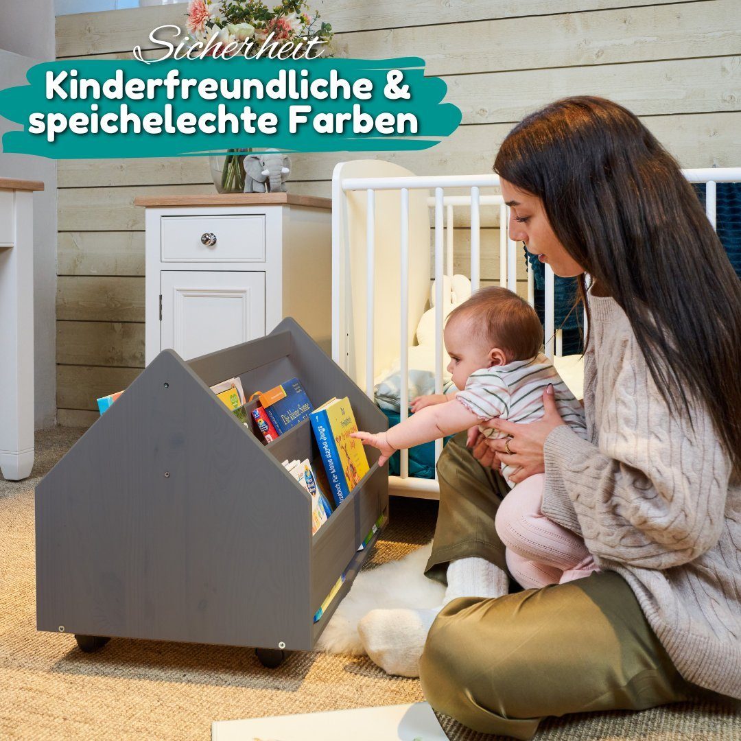 Alavya Home® Bücherregal COMET, Kinder Bücherregal I Kinderregal mit 2 Ablagen 4 Rollen 1-tlg., Aufbewahrungsregal für Bücher in Kinder-Spielzimmer aus Kieferholz