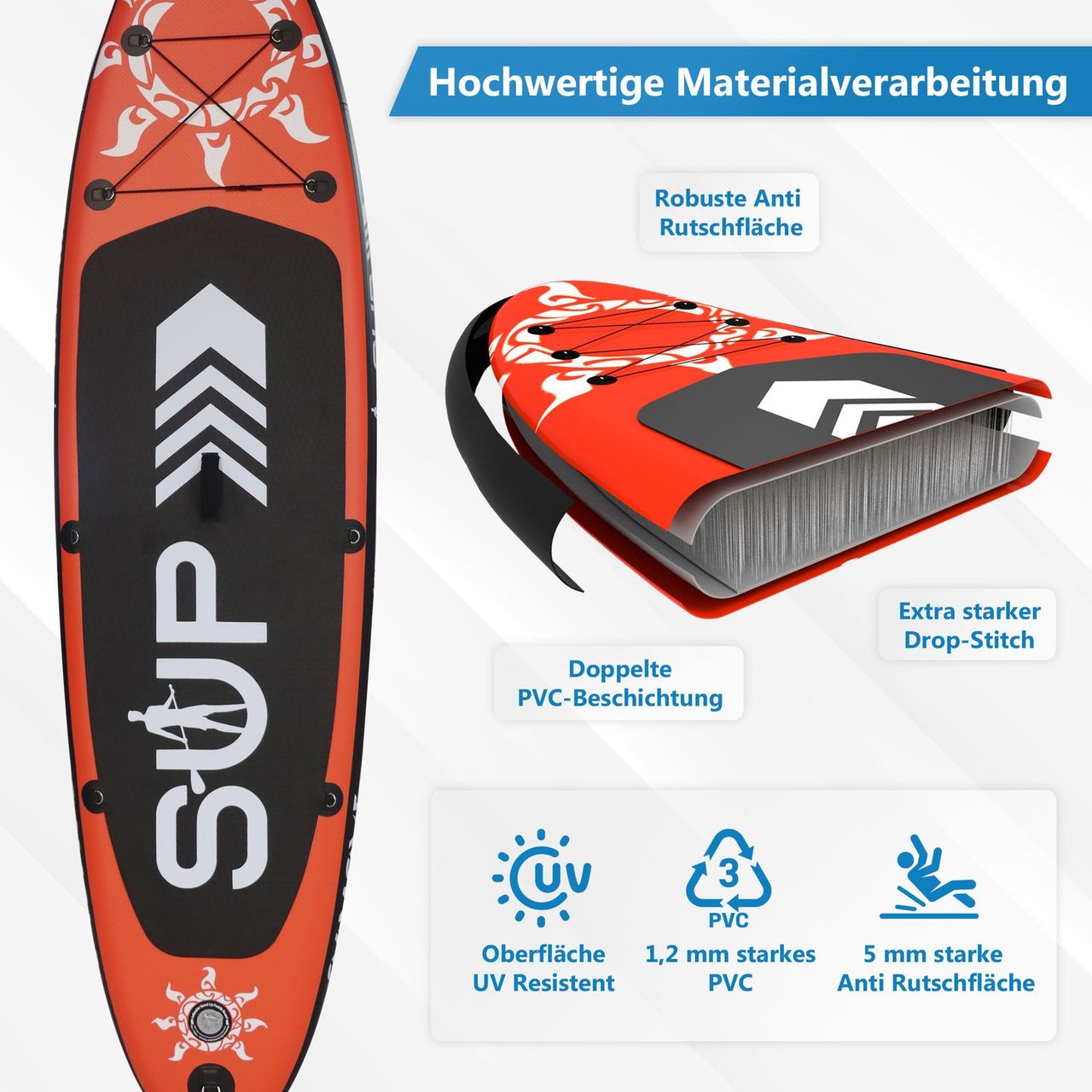 TroniTechnik 24MOVE® Standup Paddle Board SUP, inkl. Zubehör, Paddel und Hochdruckpumpe, ROT, 305x76x15cm