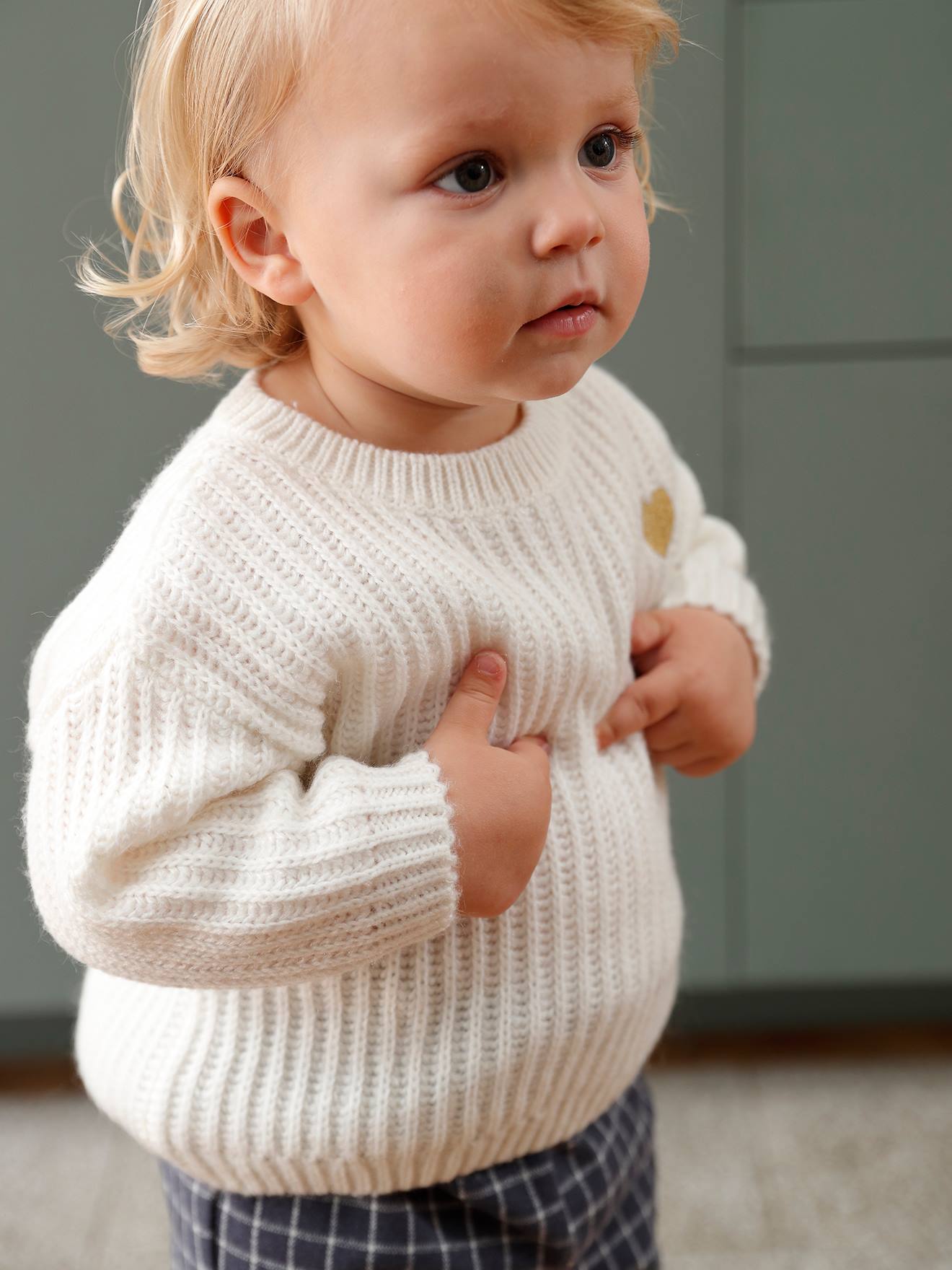 Pull tricot bébé coeur doré bleu ciel