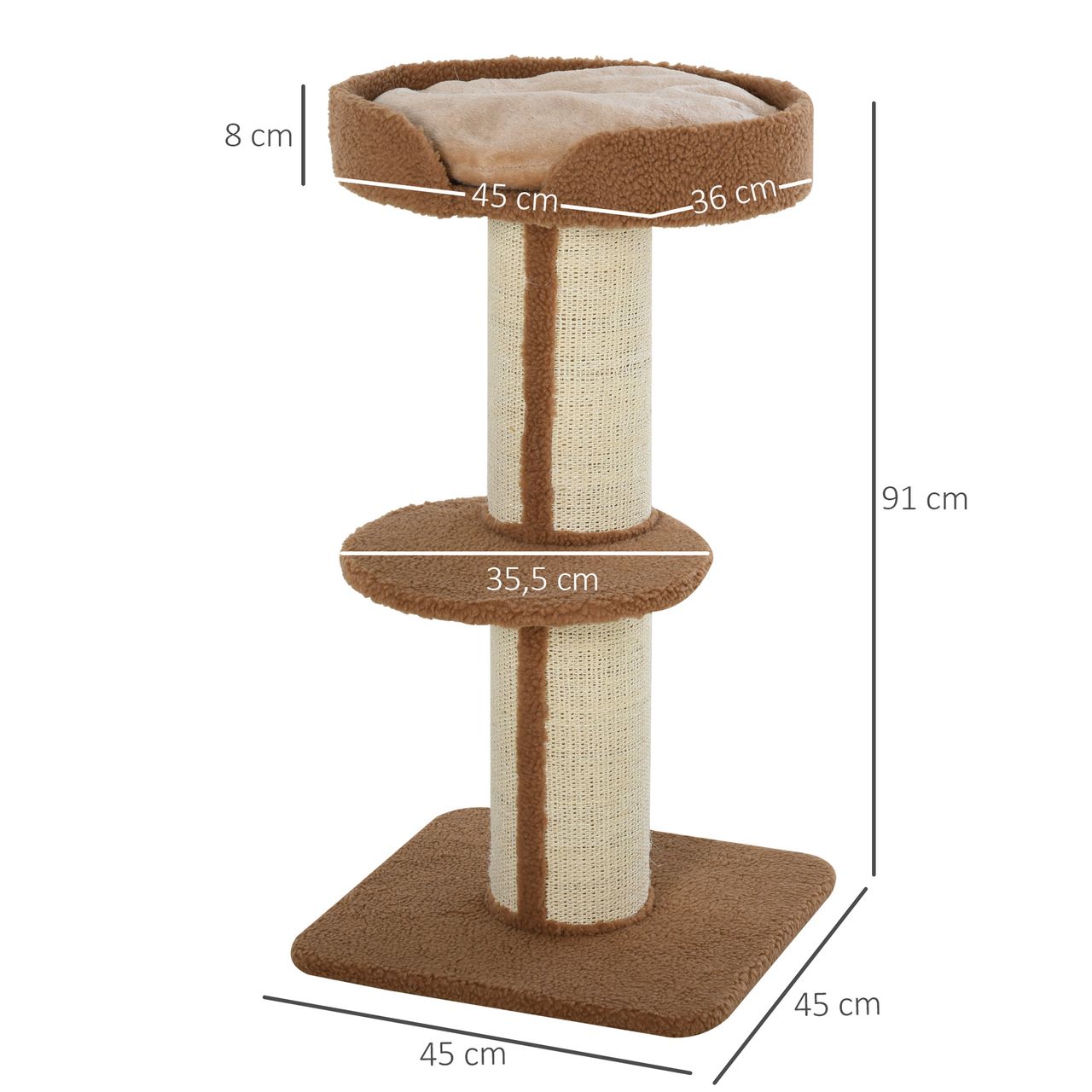 PawHut Katzenbaum Spielbaum Kratzstamm mit Plattform Sisal E1 Spanplatte Plüsch Hellbraun 45 x 45 x 91 cm