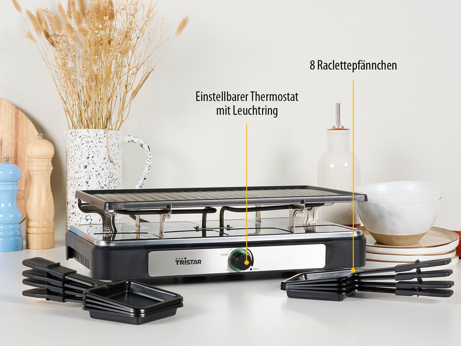 Tristar Raclette, 8 Raclettepfännchen, Gerät für 2-8 Personen Tischgrill Griddle Grillplatte Camping geeignet