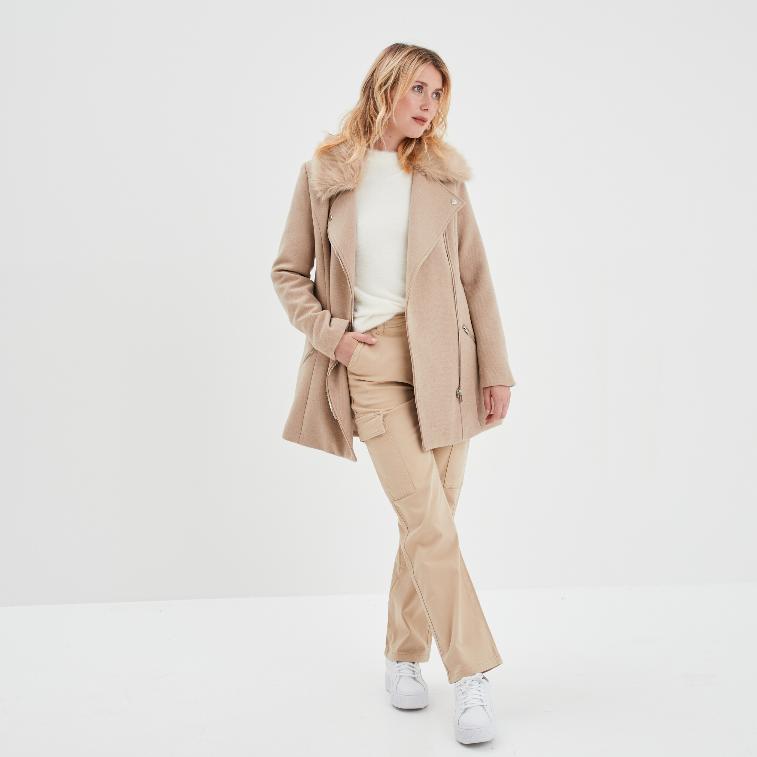 Manteau droit zippé beige femme | La Halle