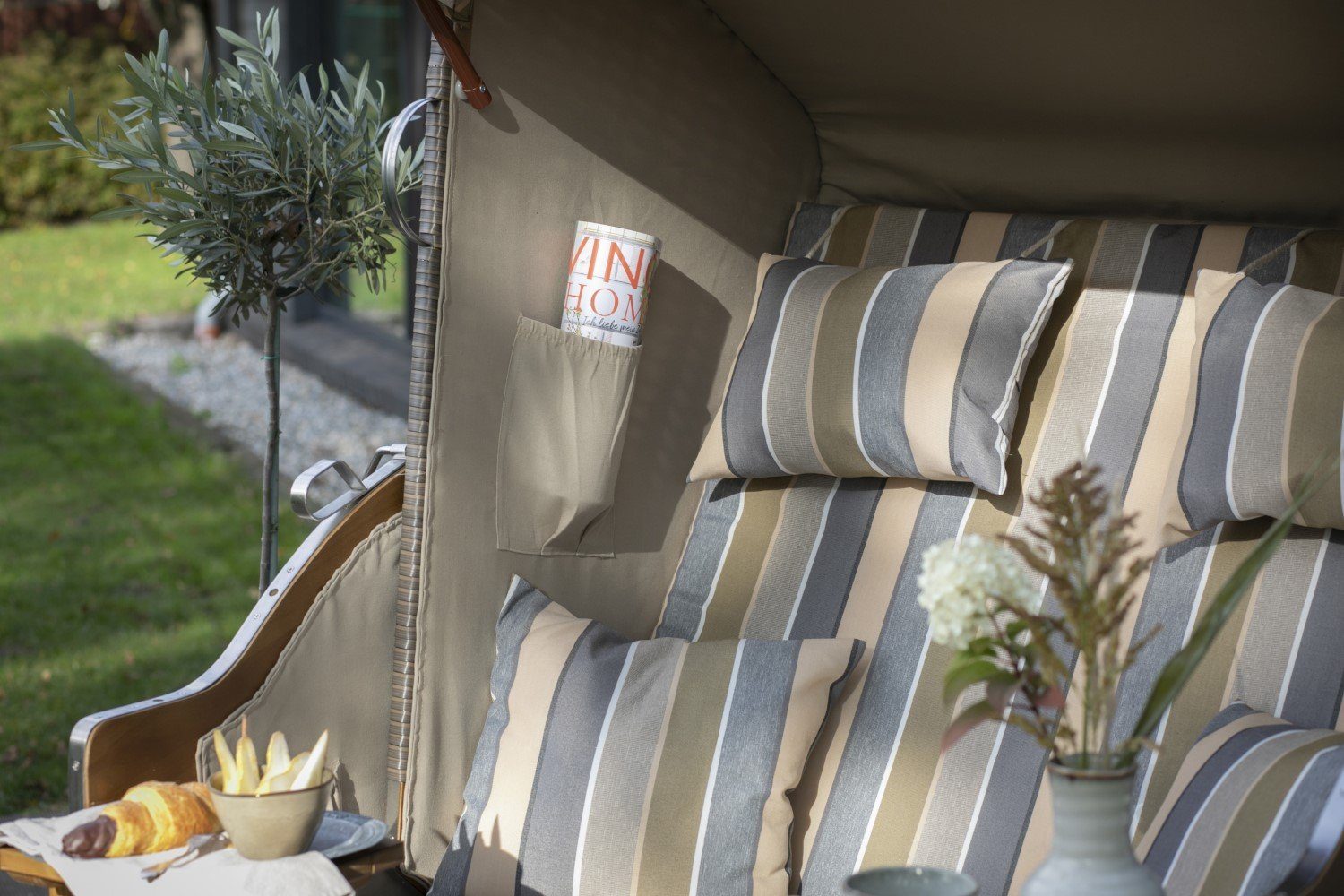 bene living Strandkorb Schleswig Pinie 2-Sitzer - PE mokka - Modell 557, BxTxH: 120x80x160 cm, Volllieger, Ostsee-Strandkorb Komplettset