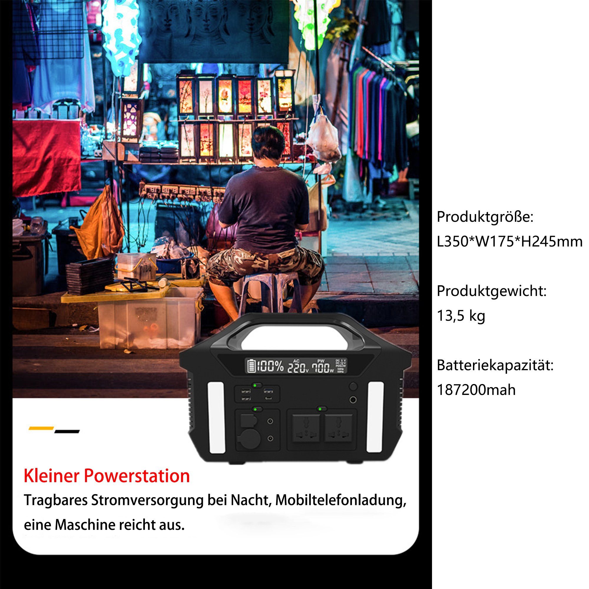 Mutoy Stromerzeuger Tragbare Powerstation 700W, Stromgenerator für Outdoor Notfall, (187200 mAh Stromgenerator mit Lithiumbatterie in Automobilqualität), Stromversorgung für Wohnmobil, Heimwerken und als Notstromaggregat