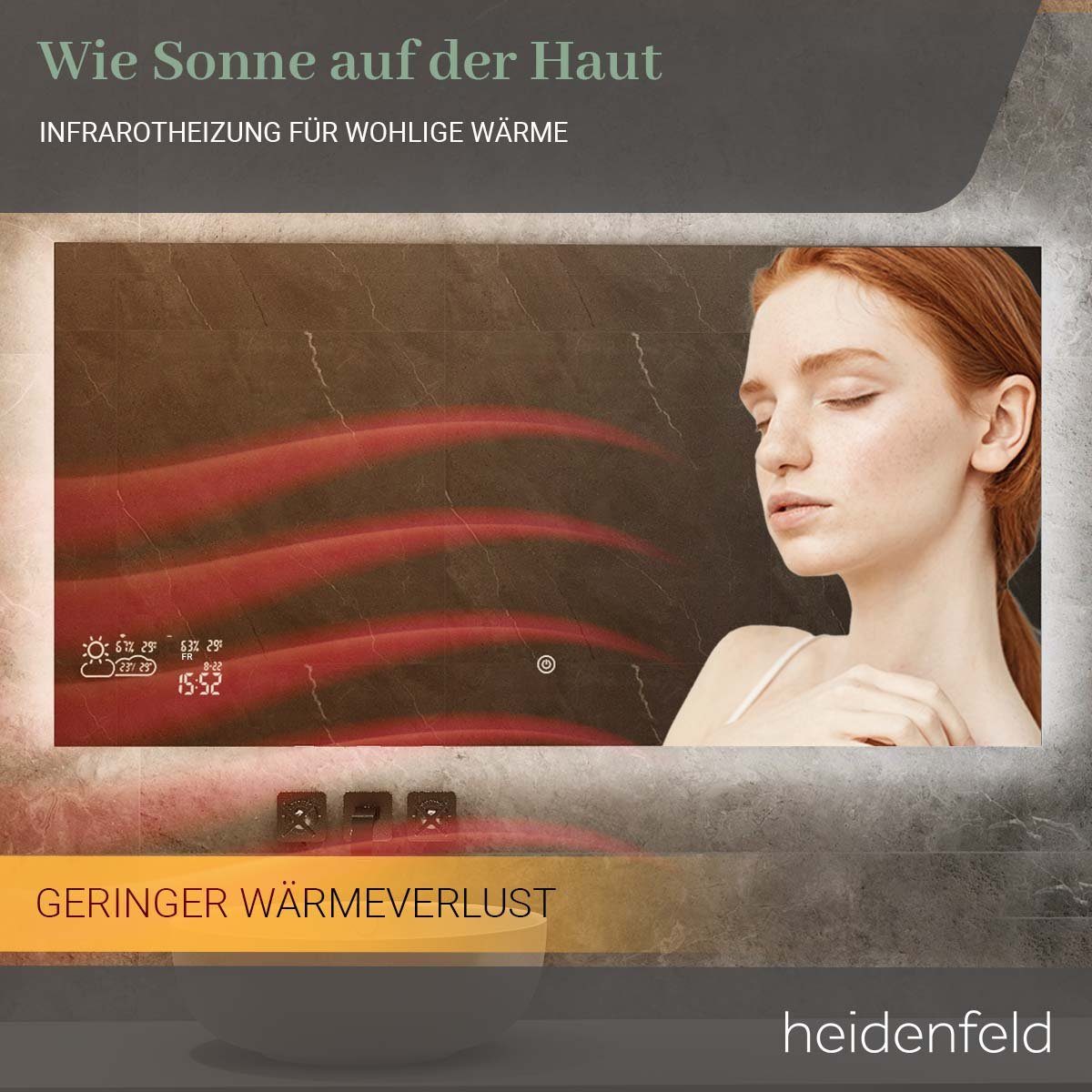 Heidenfeld Infrarotheizung Spiegelheizung HF-HS200 inkl. Touchdisplay 10 Jahre Garantie, Spiegel - Rahmenbeleuchtung - Anti-Beschlag - bis 500 Watt - WIFI