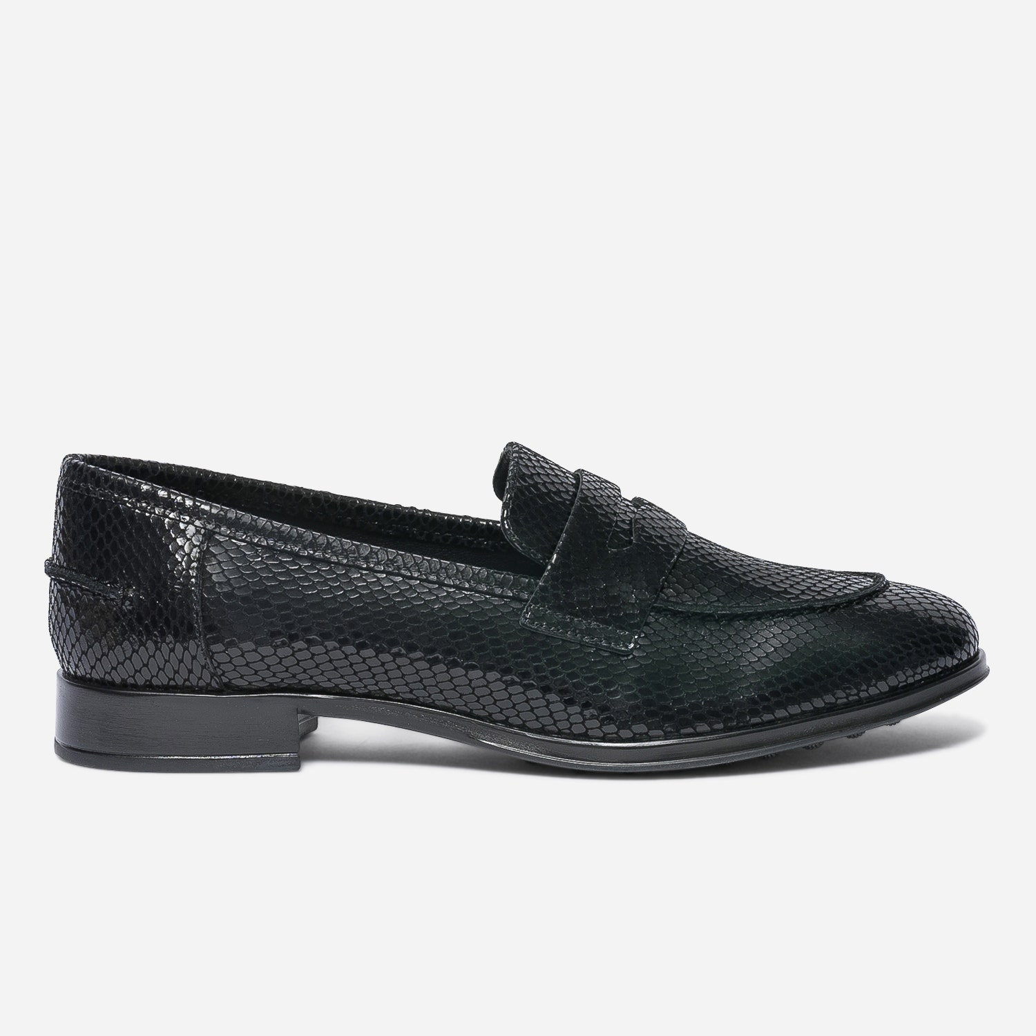 Mocassin noir éco-conçu en cuir effet python verni