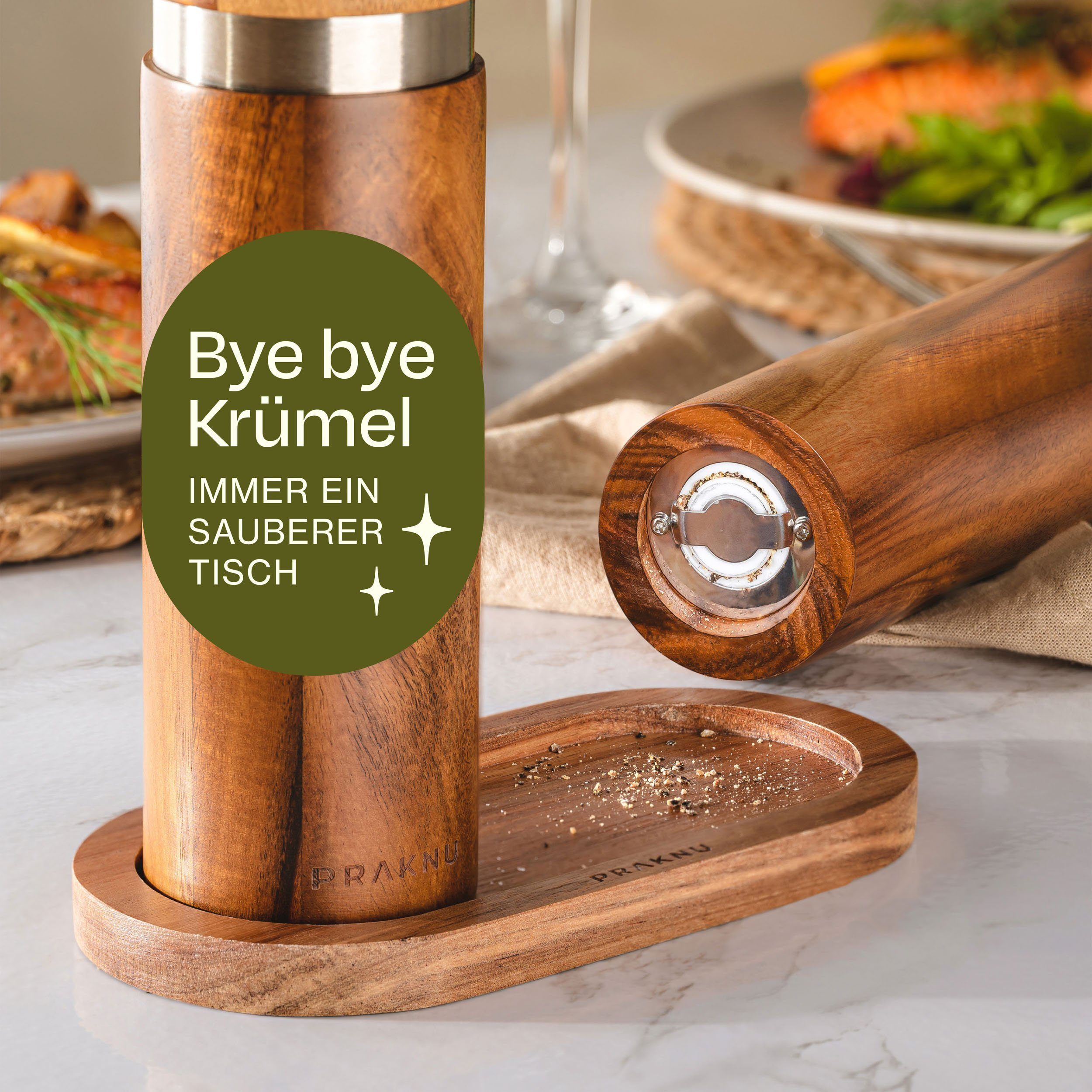 Praknu Gewürzmühle Salz- und Pfeffermühle aus Akazienholz manuell, Nachhaltiges FSC Holz - Langlebiges Keramikmahlwerk - Plastikfrei