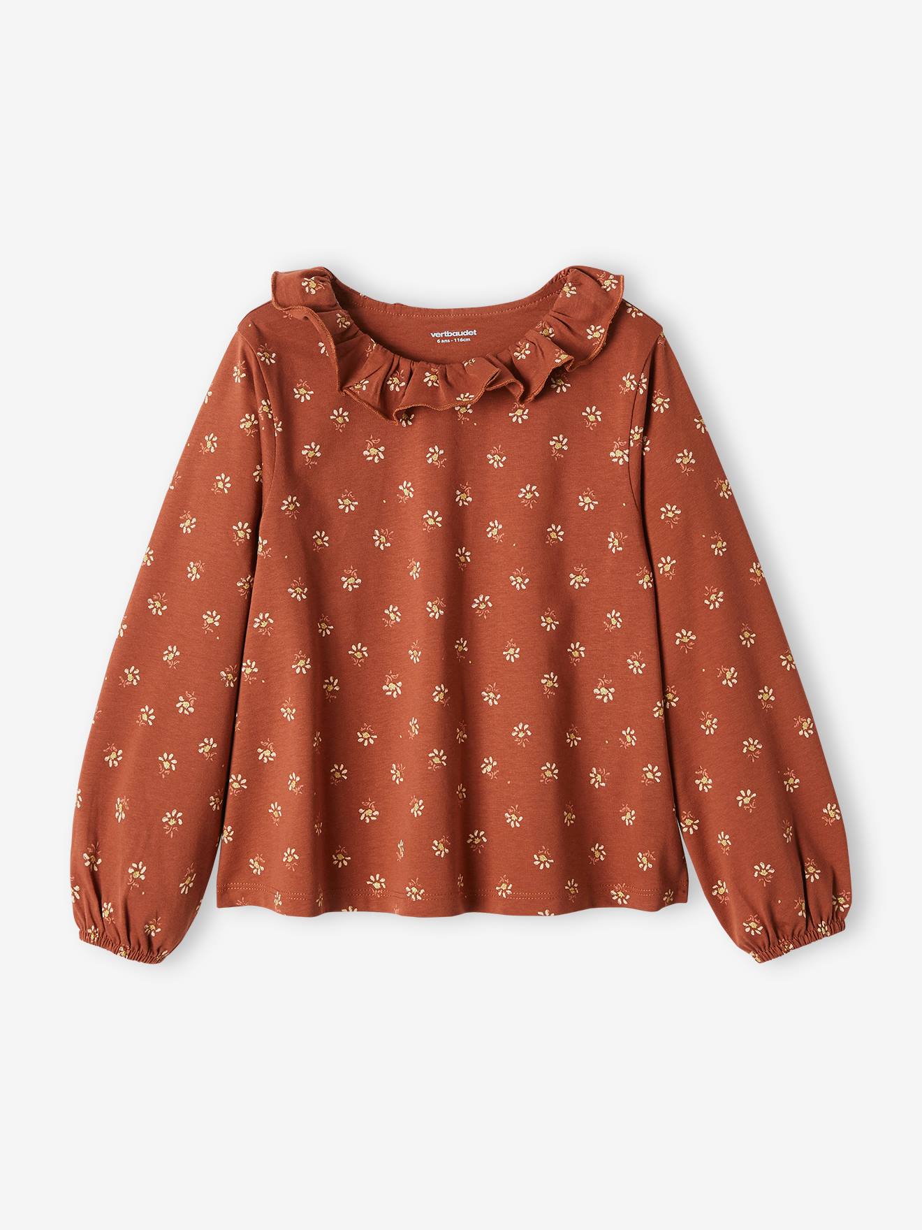 Vertbaudet Mädchen Blusenshirt mit Glitzerblumen - braun bedruckt