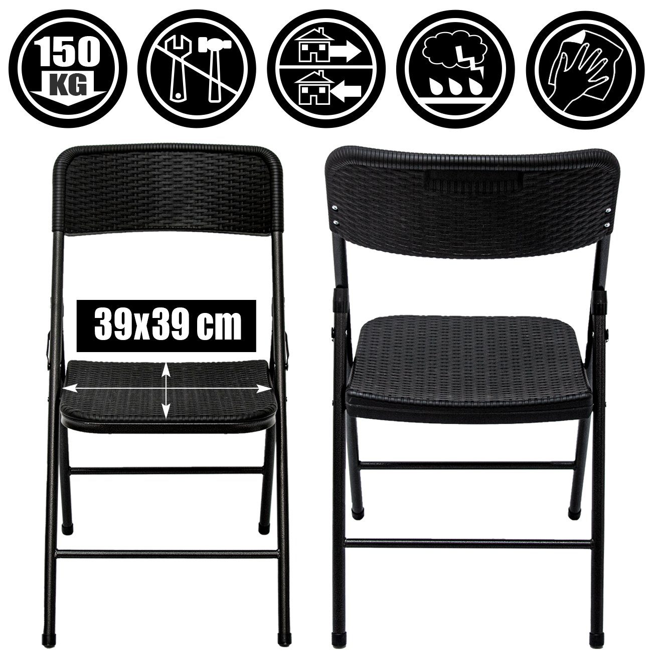 AMANKA Klappstuhl 2er Set Klappstuhl Balkonstuhl in Rattan-Optik, bis 150kg 50x46x83,5cm Schwarz