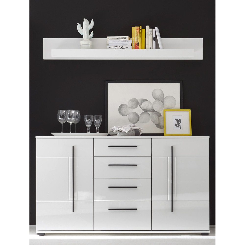 Lomadox Wohnwand COLORADO-61, (4-St., 4-tlg), weiß Hochglanz mit Vitrine inkl. LED Tür mit Grauglas 225x200x42cm