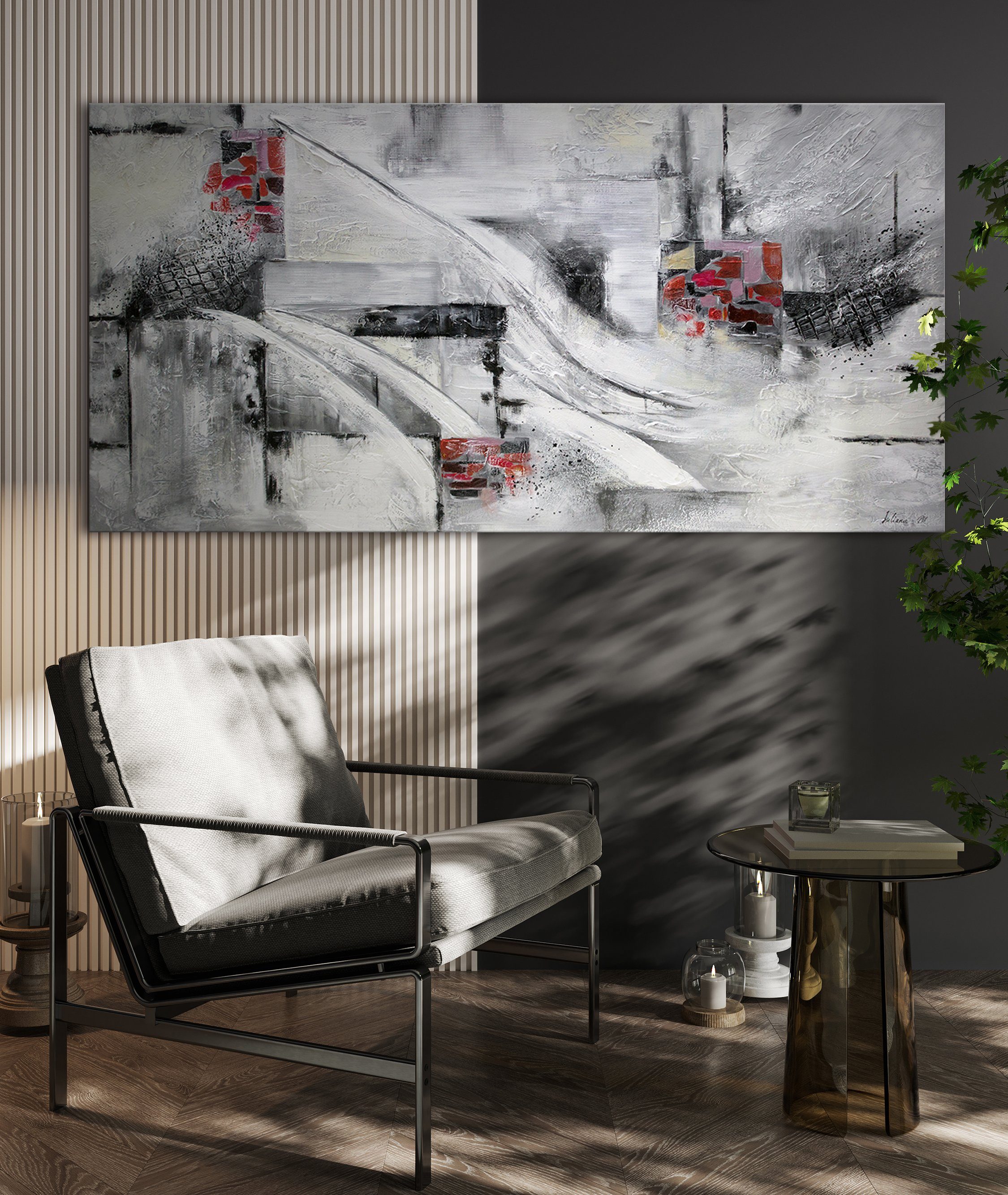 YS-Art Gemälde Abstraktion VII, Abstrakt, Abstraktes auf Leinwand Bild Handgemalt in Rot Schwarz Grau