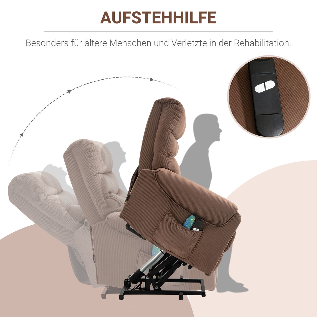 HOMCOM Fernsehsessel mit Massagefunktion Aufstehhilfe Fernbedienung Heizung elektrisch Liegefunktion Polyester-Gewebe Metall Hellbraun 79 x 97 x 103 cm