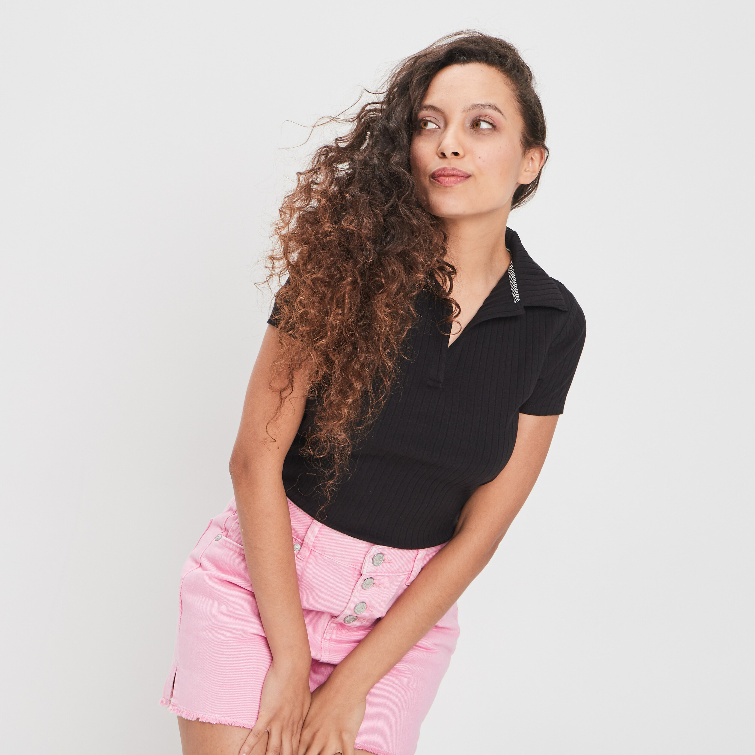 T-shirt col polo manches courtes noir femme | La Halle