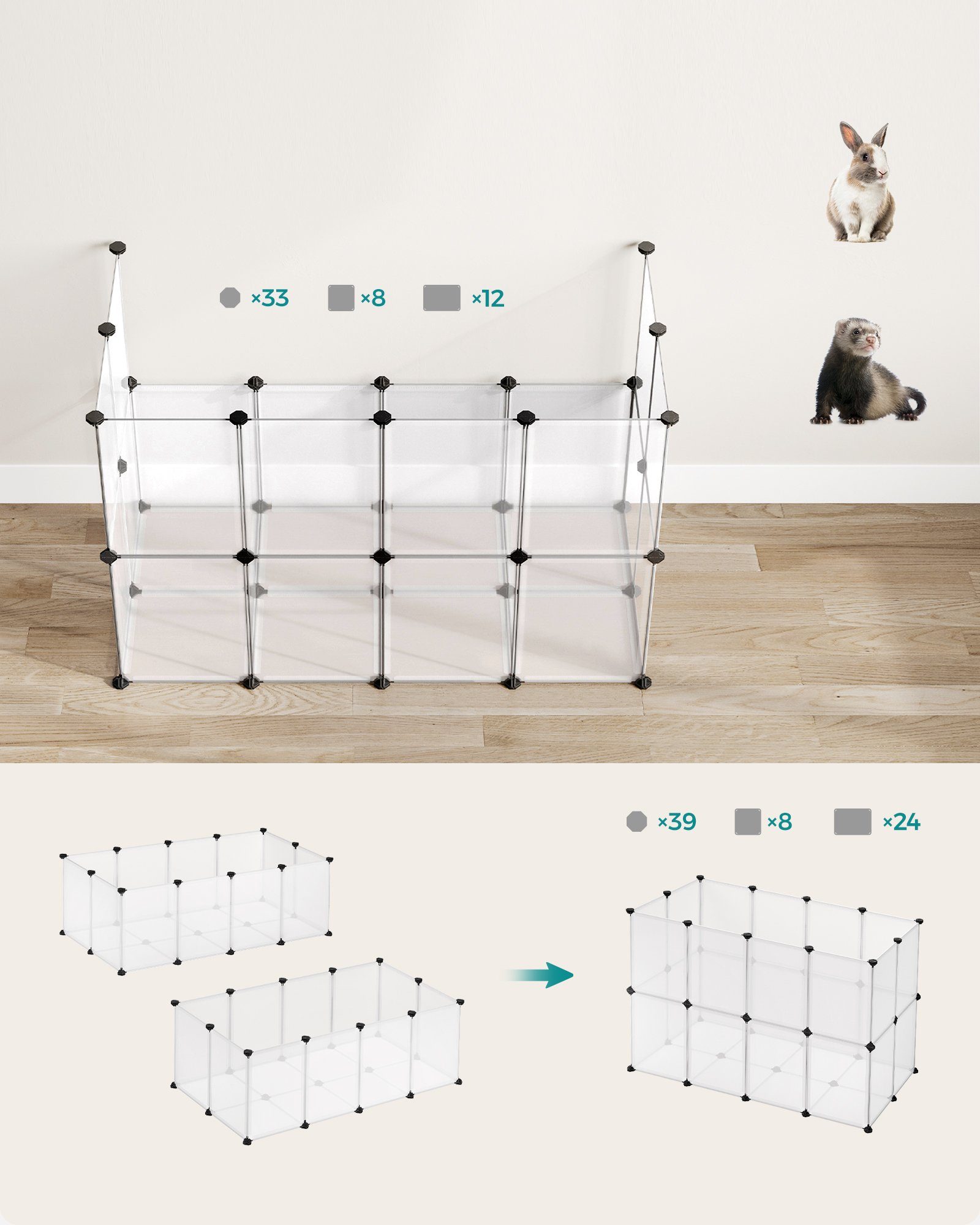 SONGMICS Kleintierkäfig, L-XXL, Freigehege, mit Bodenplatten, 20 Platten, DIY