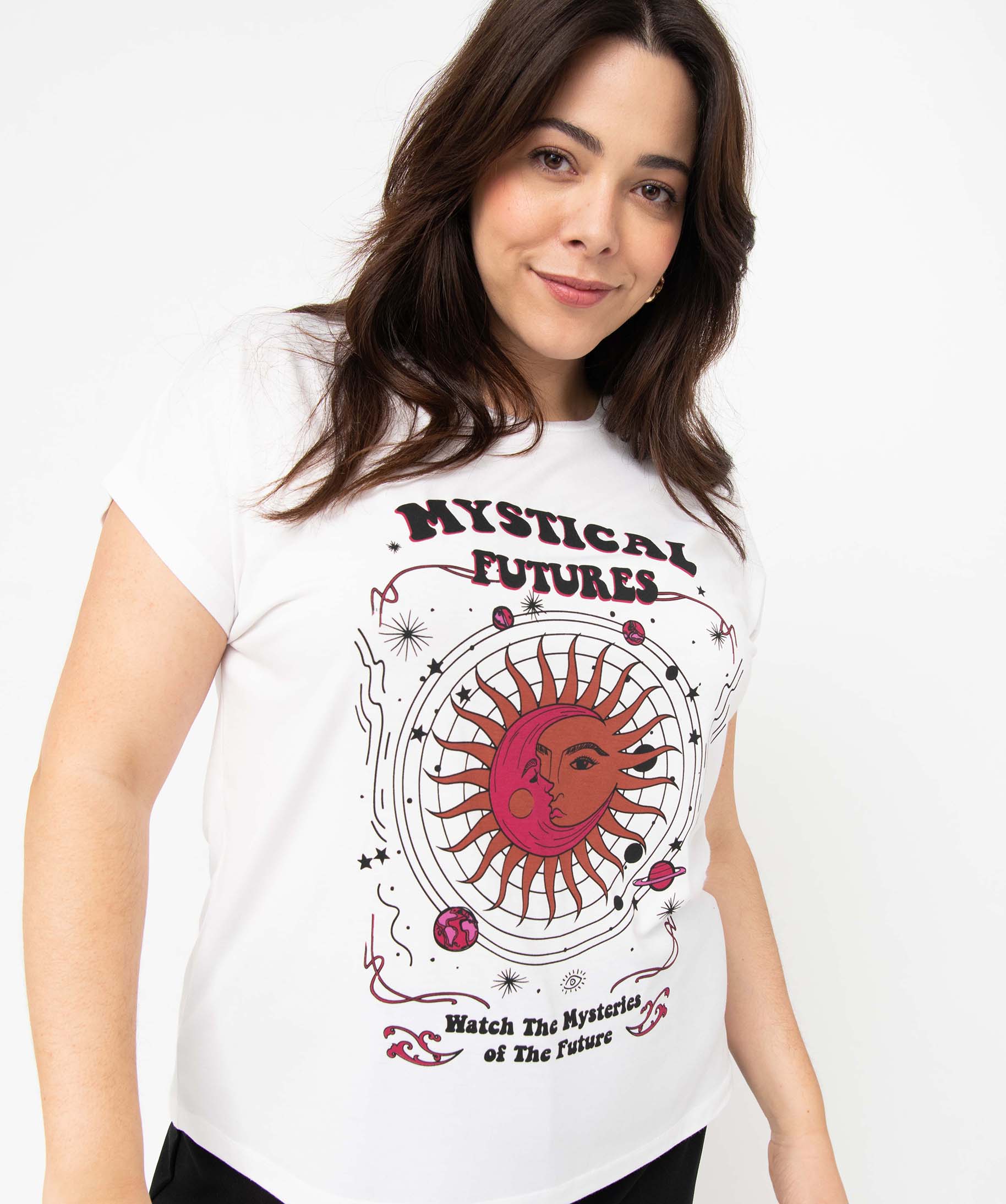 Tee-shirt femme grande taille à manches courtes avec motifs blanc | GEMO