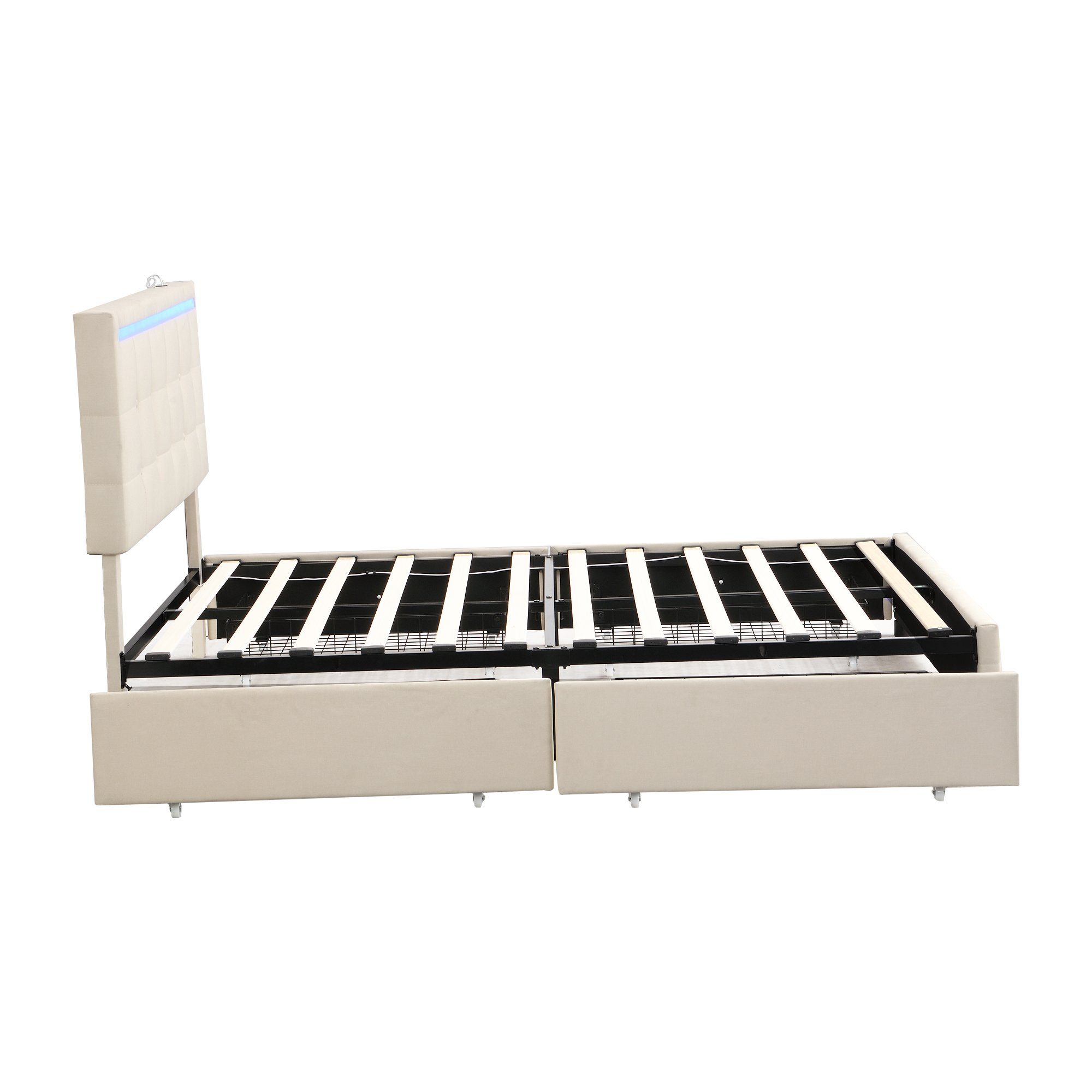 WISHDOR Polsterbett Gästebetten Doppelbetten Bett Polsterbett Heim-Betten140*200 (mit 4 Schubladen und 2 USB-Ladestationen, Bettrahmen mit LED-Leuchten Kopfteil Trittteil, gepolstertes Plattformbett mit Stauraum), Kopfteil höhenverstellbar, ohne Matr