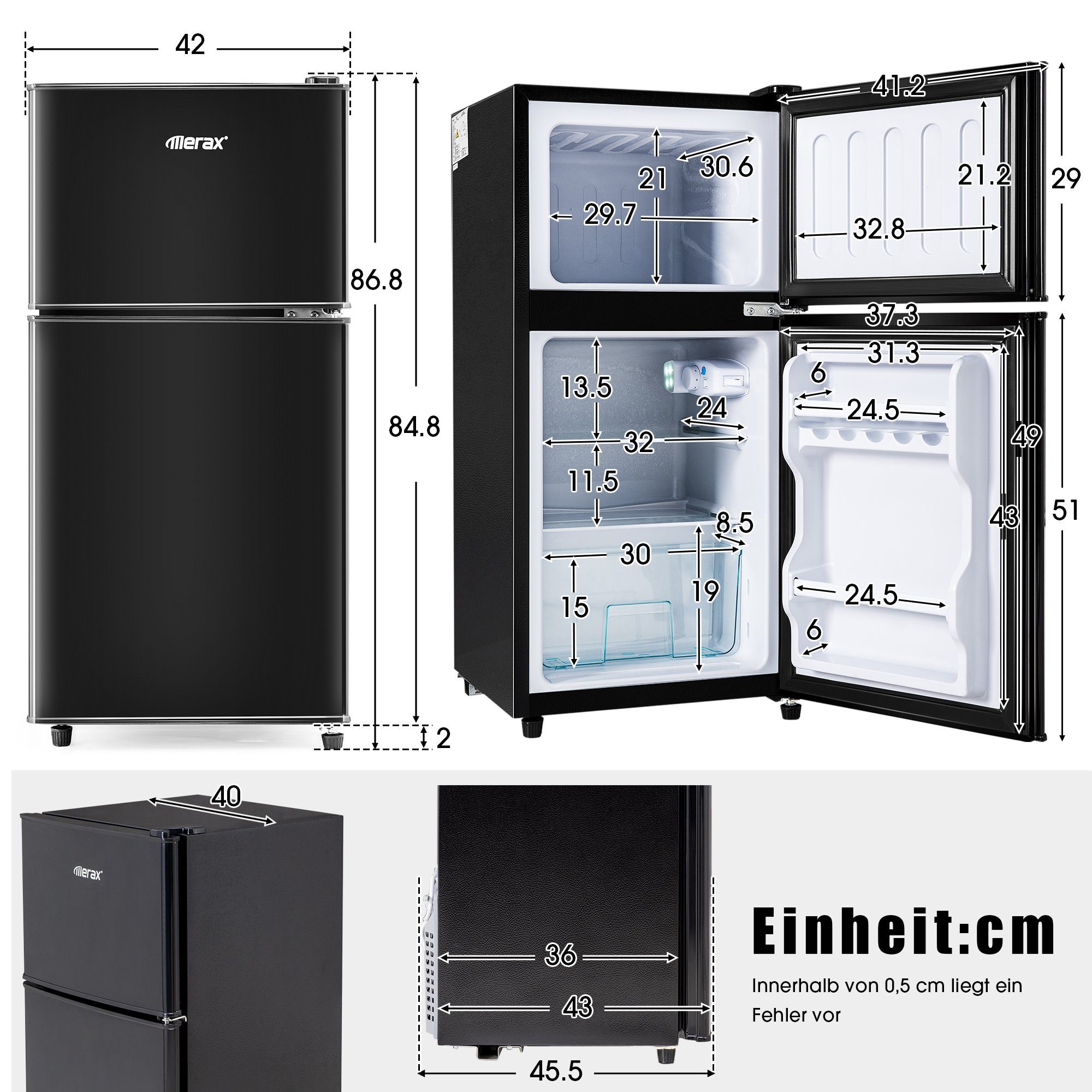 Merax Table Top Kühlschrank mit Gefrierfach, LED-Beleuchtung, Kühl- und Gefrierfunktion BCD-86A, 87 cm hoch, 42 cm breit, Mini Kühlschrank mit Doppeltür, 60 L, freistehend und klein