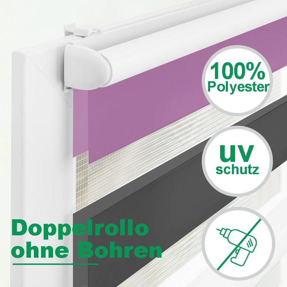 Doppelrollo Ohne Bohren, Schwarz-Weiß/Weiß-Anthrazit-Aubergine, OUBO, freihängend, verspannt, Klemmträger,klemmfix, Lichtschutz schnelle und einfache Montage mit beiliegendem