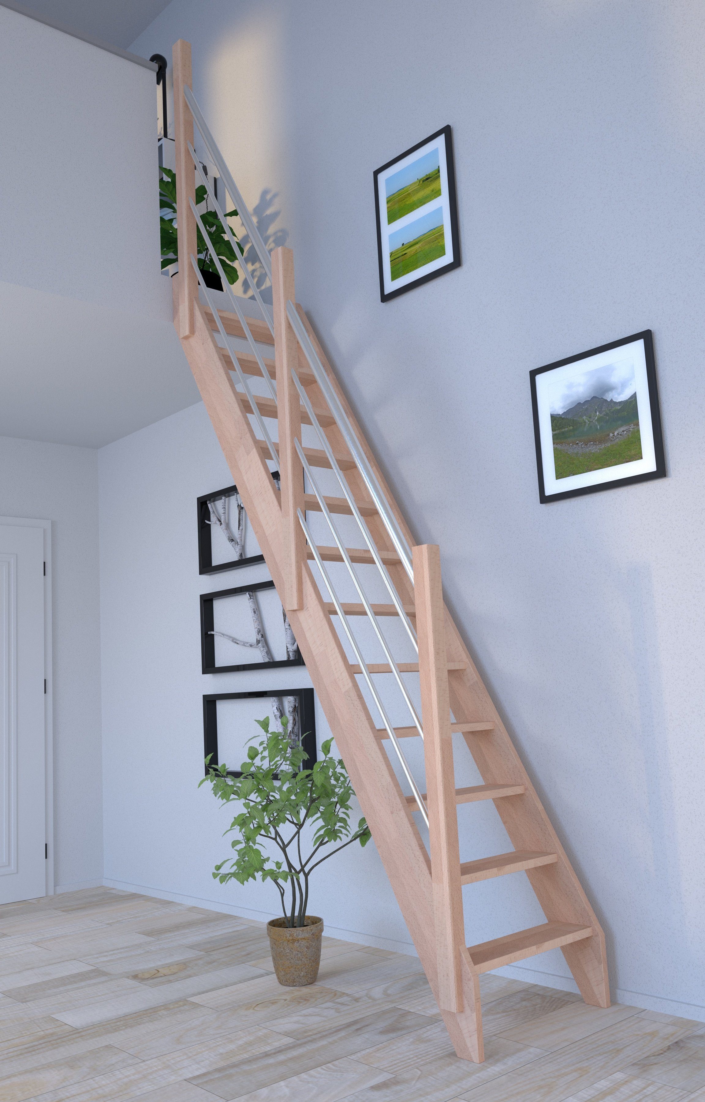 Starwood Raumspartreppe Buche 3000, Holz-Edelstahl Links, Stufen offen, Durchgehende Wangenteile