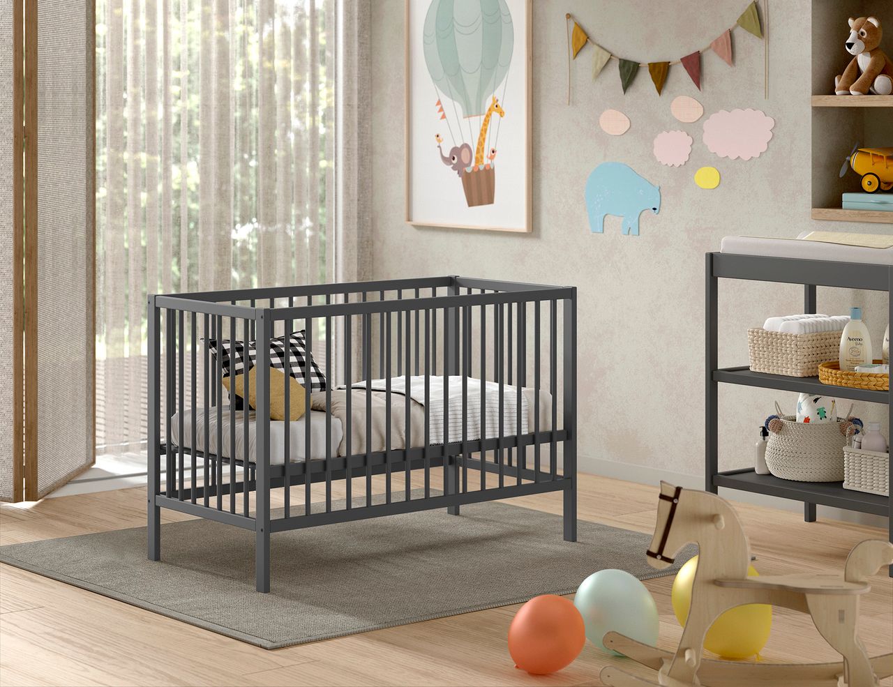 VIPACK Vipack - DINO Baby Set best. aus Babybett und Wickelregal, Buche massiv anthrazit lackiert