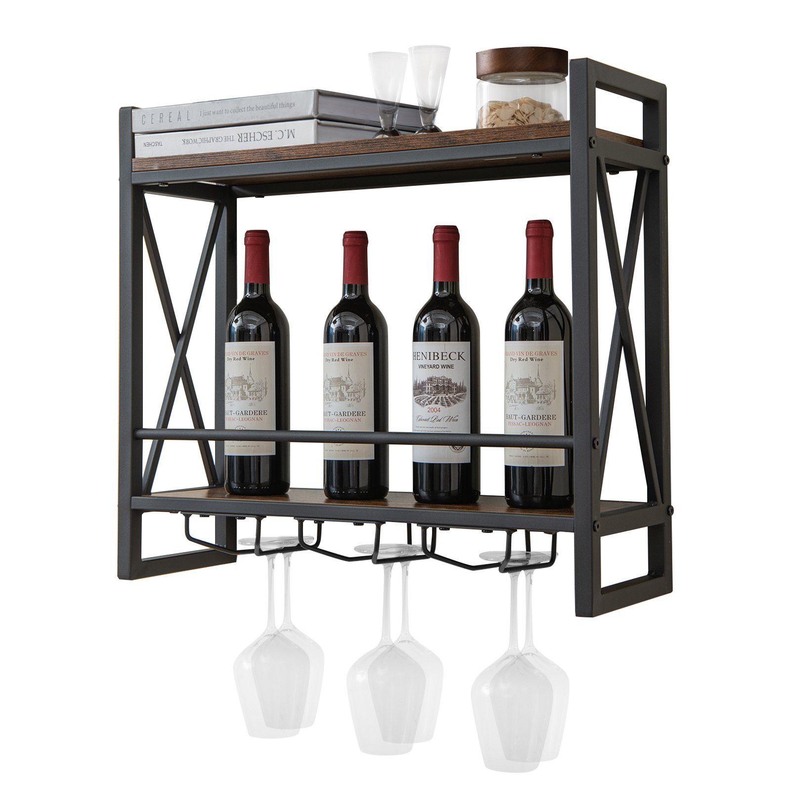 COSTWAY Weinregal, Wand, Holz mit Metallrahmen, Weingläserhalter, 20x60x55cm