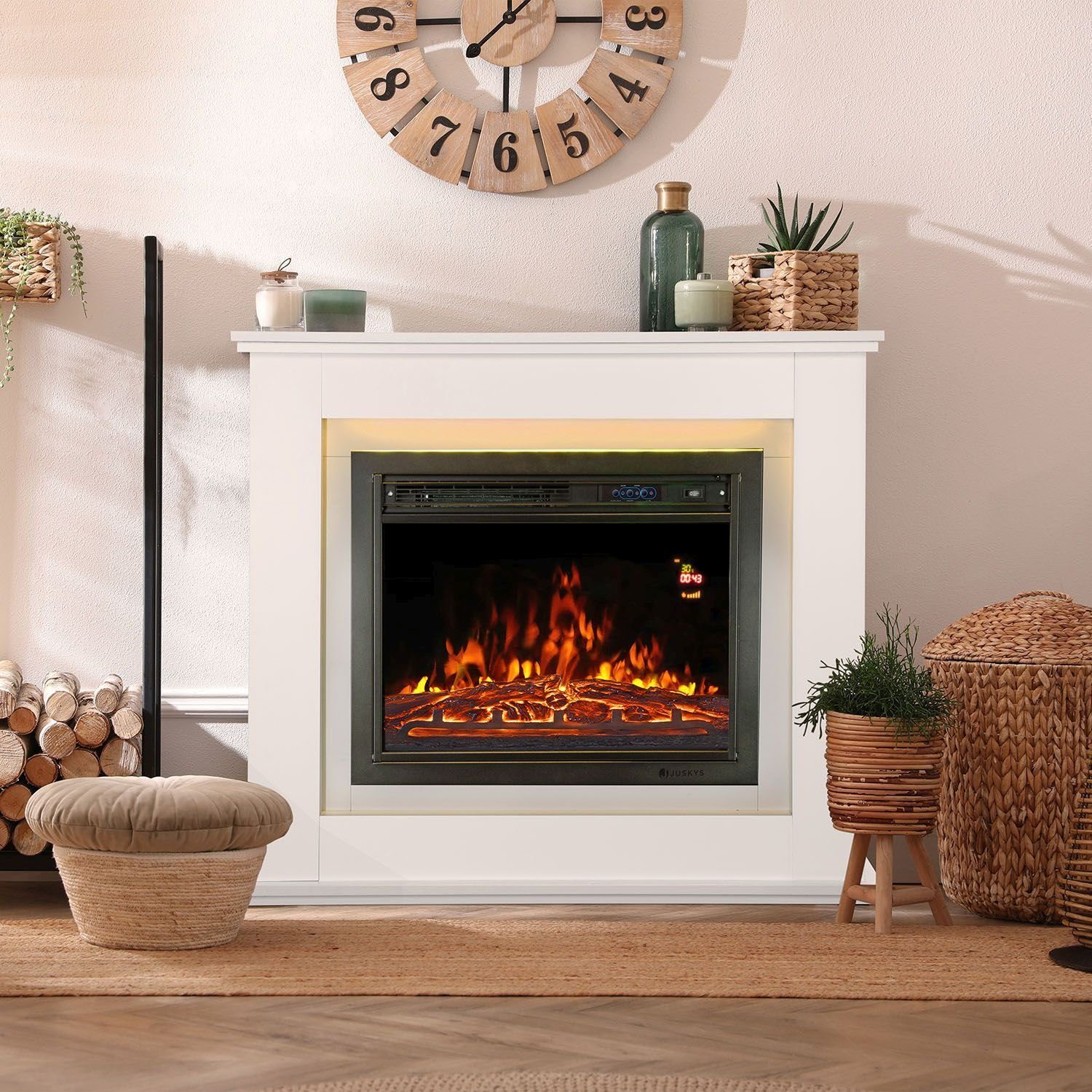 Juskys Elektrokamin, 2000 W Heizung, Flammeneffekt, Fernbedienung, LED-Licht, Timer