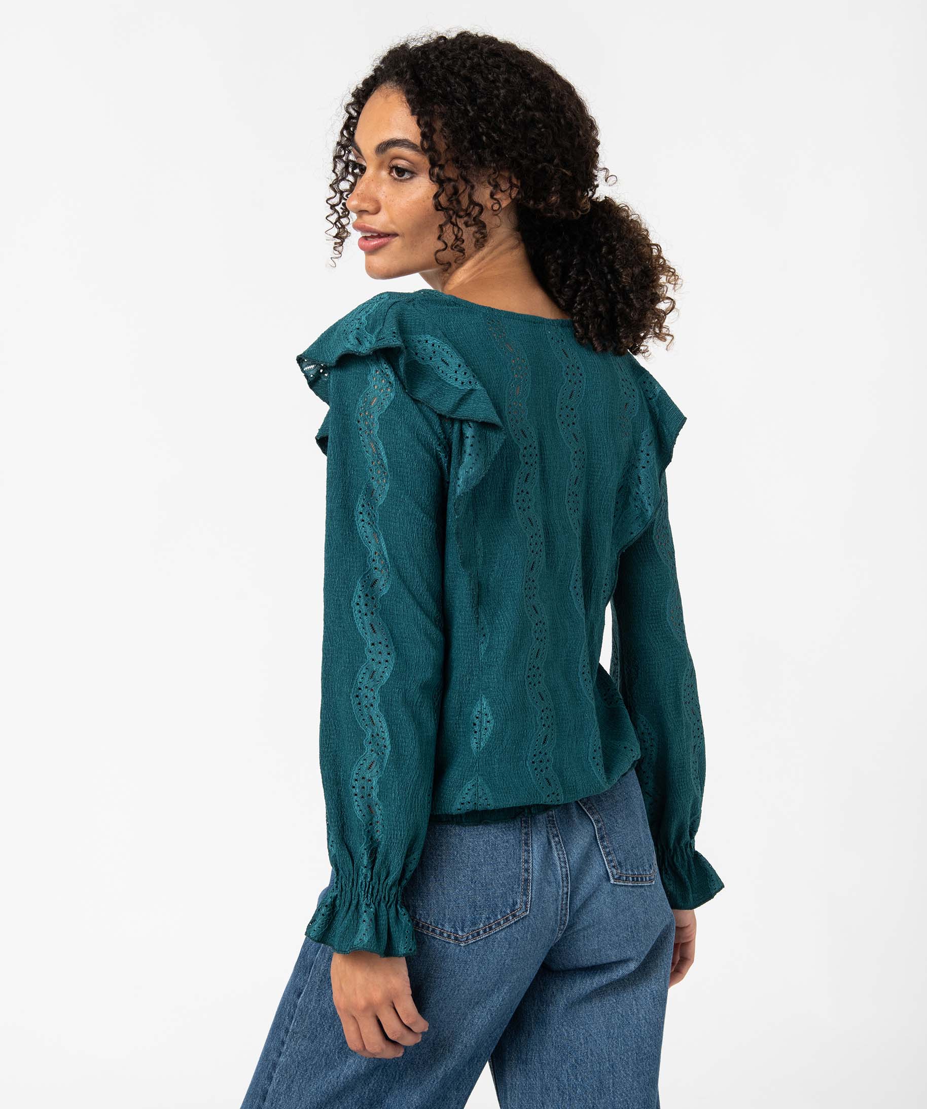 Tee-shirt femme à manches longues avec fronces et volants vert | GEMO