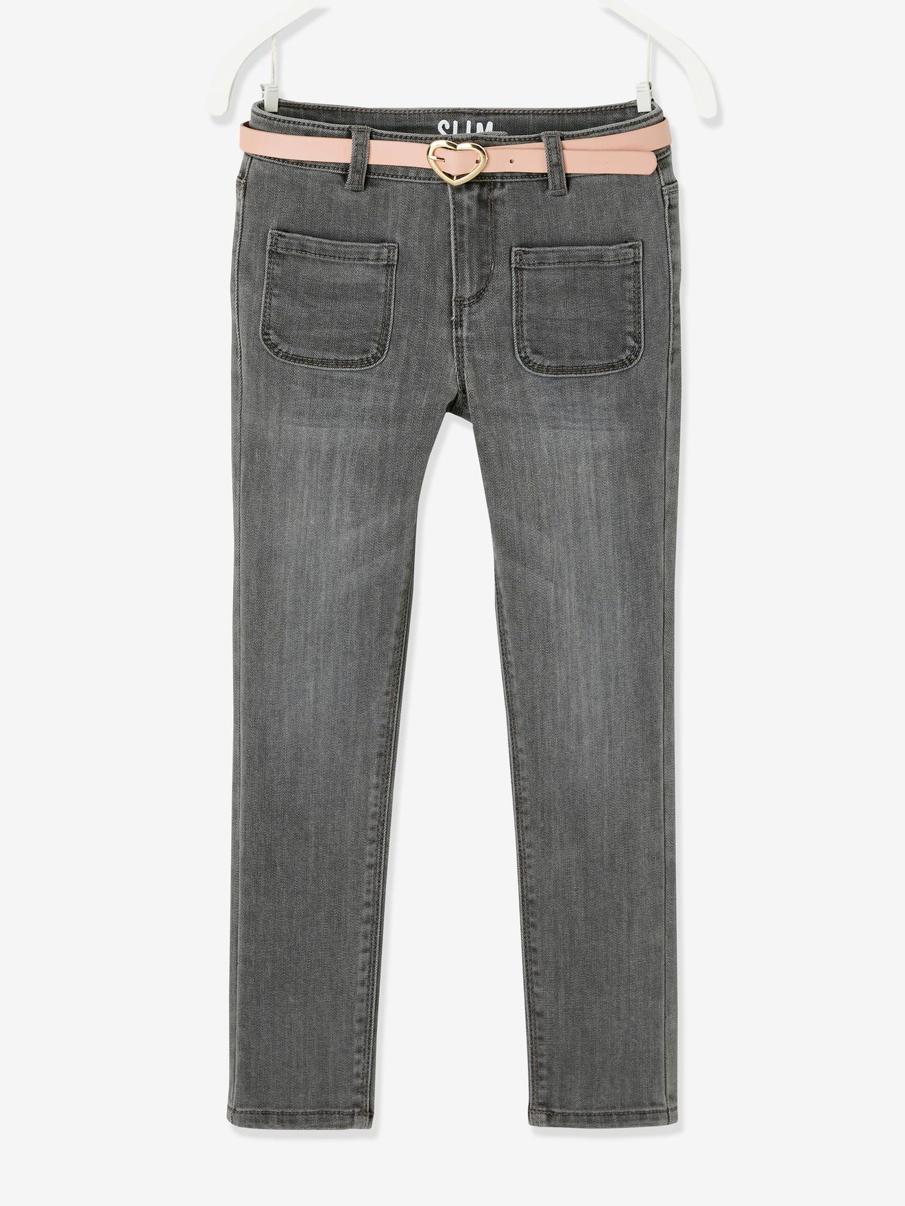 Vertbaudet Die UNVERWÜSTLICHE, robuste Mädchen Jeans, Slim-Fit mit Gürtel - grau