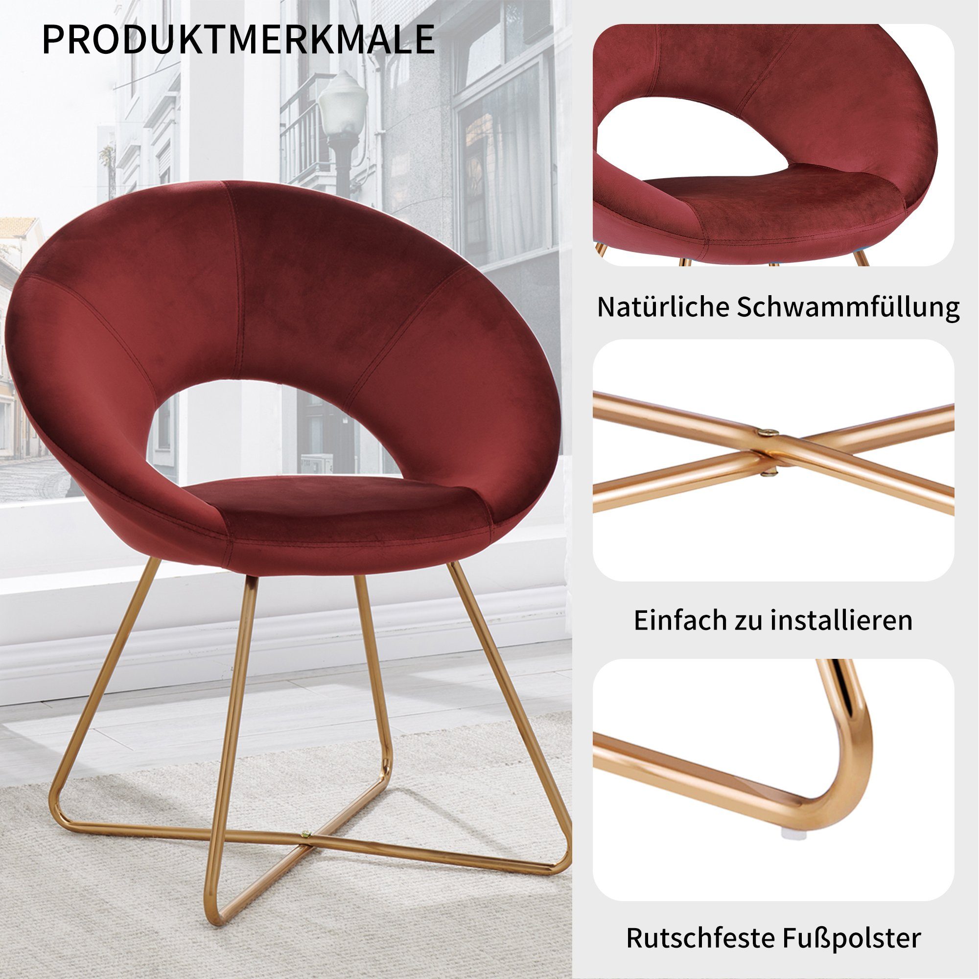 Duhome Loungesessel, Esszimmerstuhl Wohnzimmerstuhl aus Samt, Polsterstuhl Sessel, Gold Metallbeine
