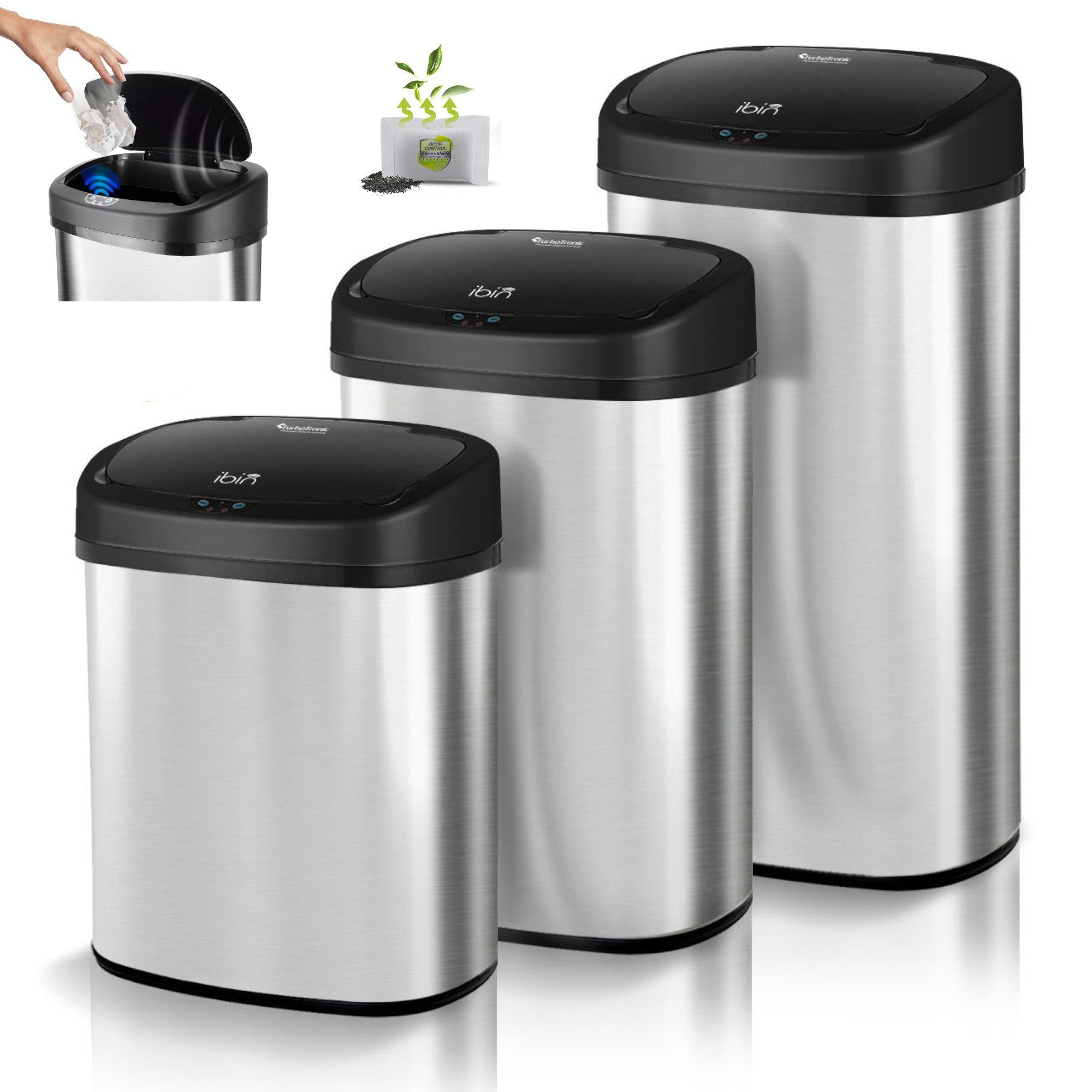 TurboTronic by Z-Line Mülleimer Batterie-/Netzbetrieb 38L, 48L oder 58L, Geruchsfilter, Automatik Abfalleimer, Edelstahl