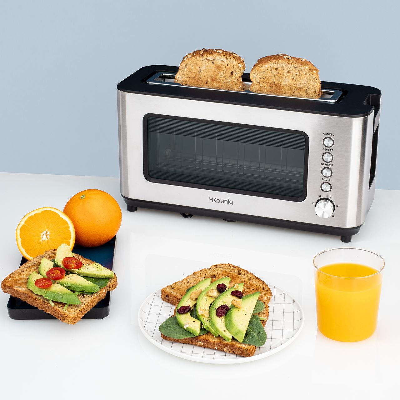 H.Koenig VIEW7 / Vintage-Edelstahl / 2 Scheiben / 6 Bräunungsstufen/Auftaufunktion/Brötchen, Toast/einfache Reinigung / 1200 W, Glas, 37x19x15 cm